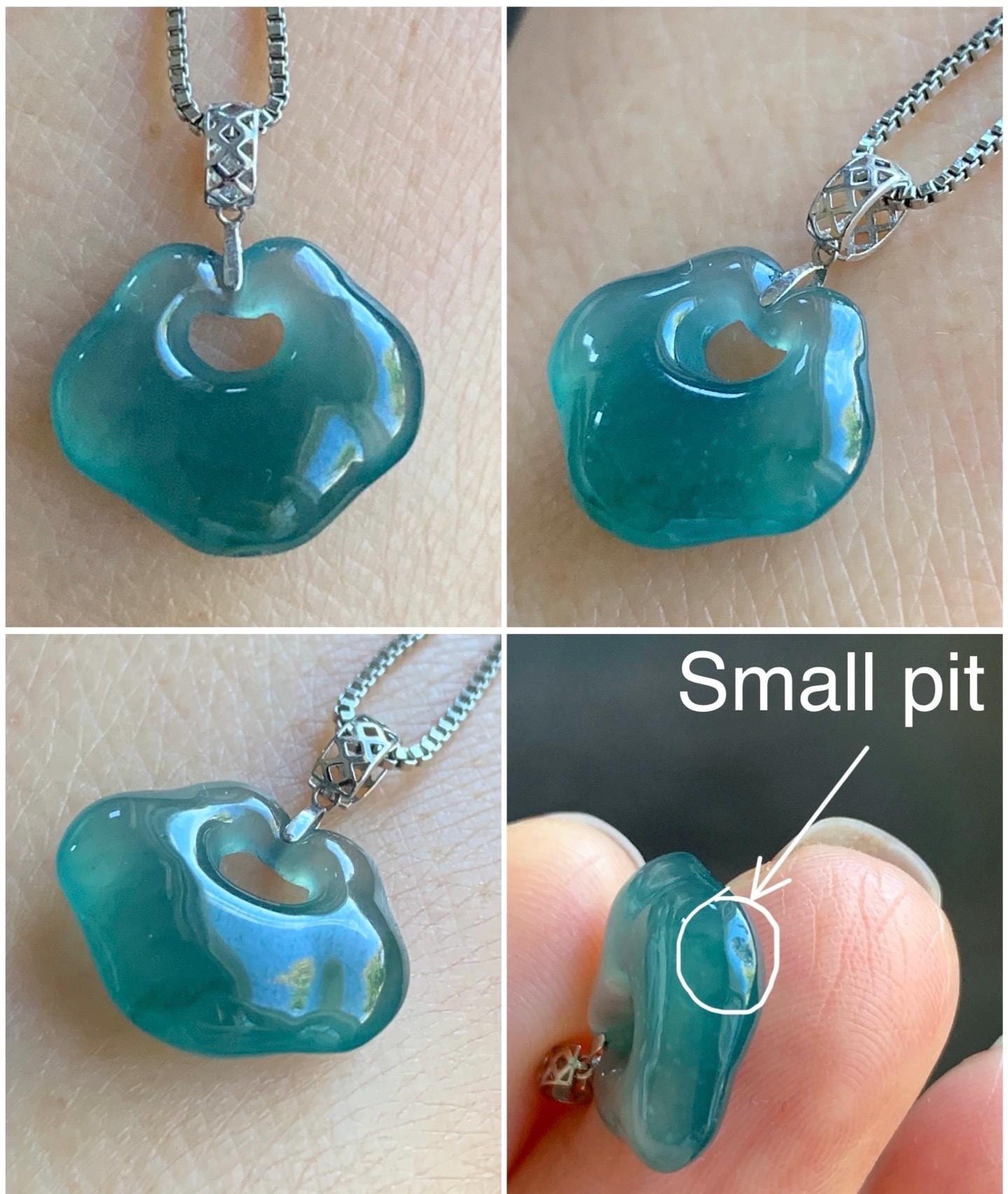 Petite Natural Guatemalan Icy Translucent Gelatinous Teal Green Jadeite Ruyi Lock Pendant 18K White Gold Bail 天然冰危老种湖水绿翡翠如意锁镶嵌吊坠 B