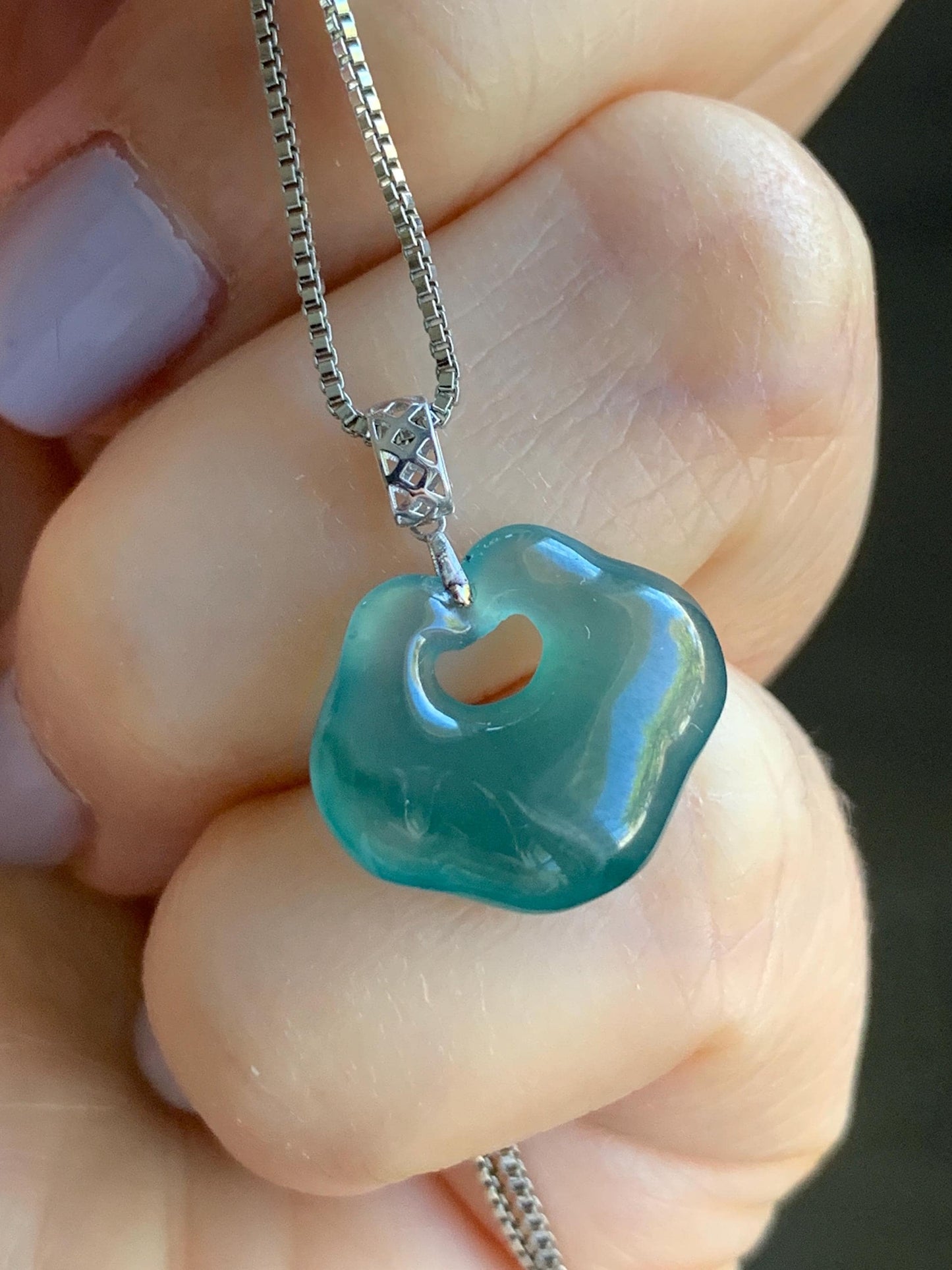 Petite Natural Guatemalan Icy Translucent Gelatinous Teal Green Jadeite Ruyi Lock Pendant 18K White Gold Bail 天然冰危老种湖水绿翡翠如意锁镶嵌吊坠 B