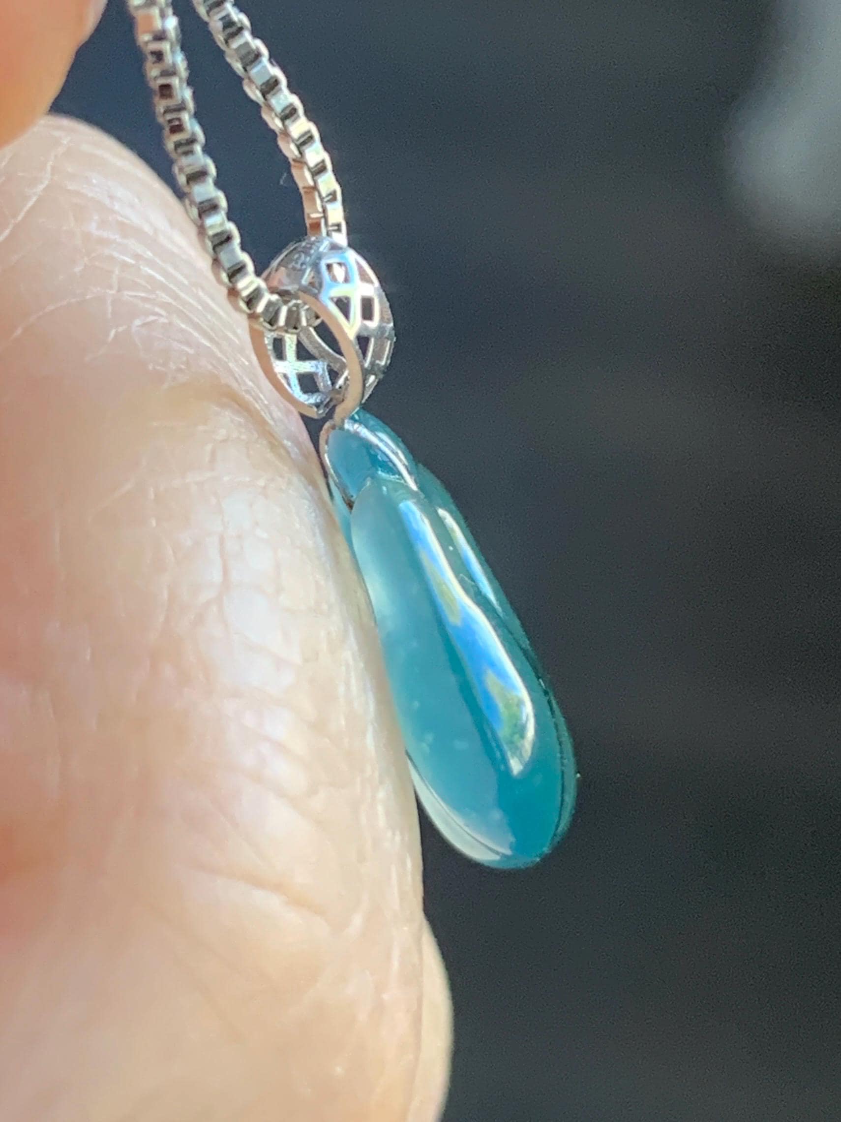 Petite Natural Guatemalan Icy Translucent Gelatinous Teal Green Jadeite Ruyi Lock Pendant 18K White Gold Bail 天然冰危老种湖水绿翡翠如意锁镶嵌吊坠 B