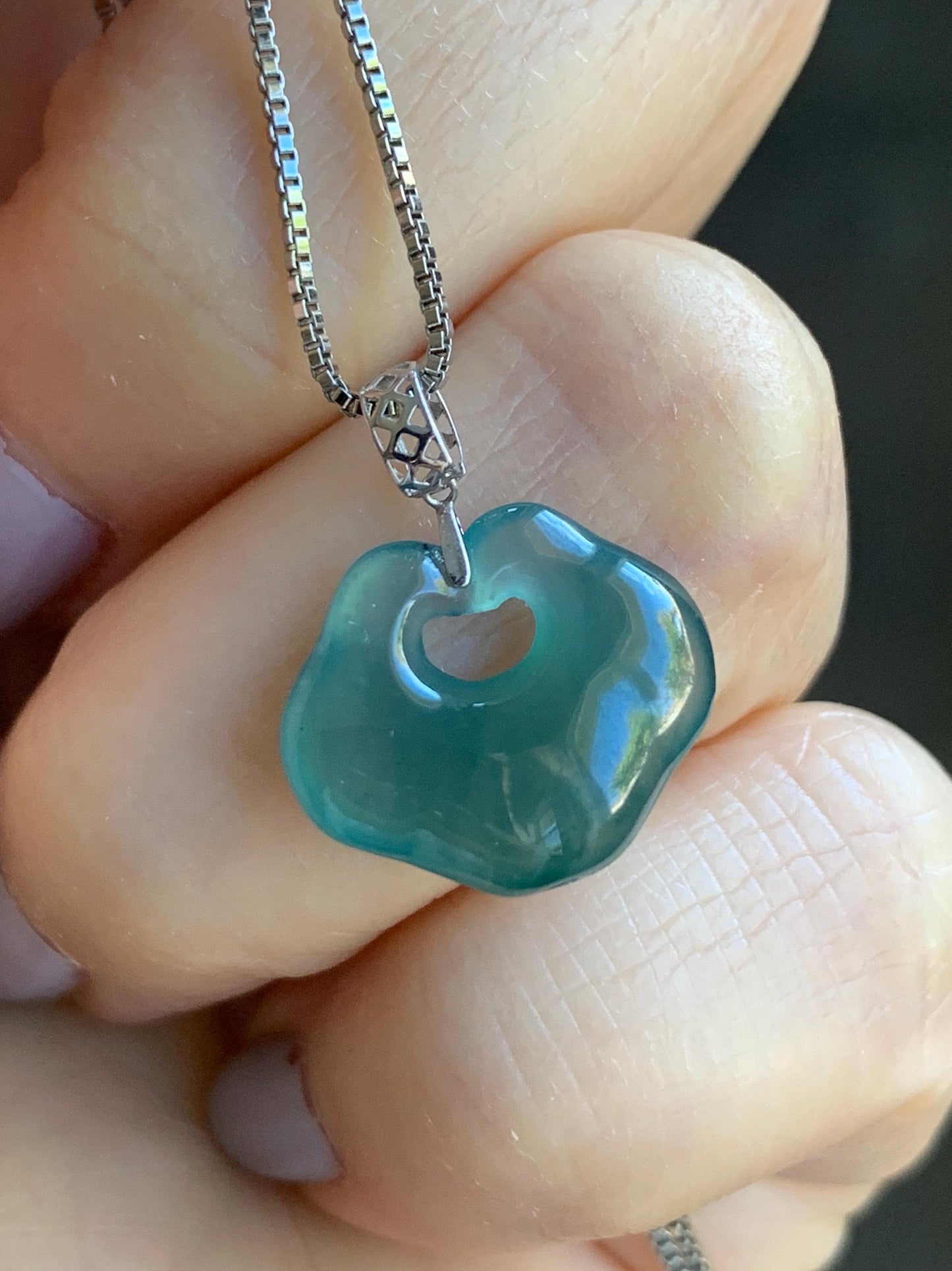 Petite Natural Guatemalan Icy Translucent Gelatinous Teal Green Jadeite Ruyi Lock Pendant 18K White Gold Bail 天然冰危老种湖水绿翡翠如意锁镶嵌吊坠 B