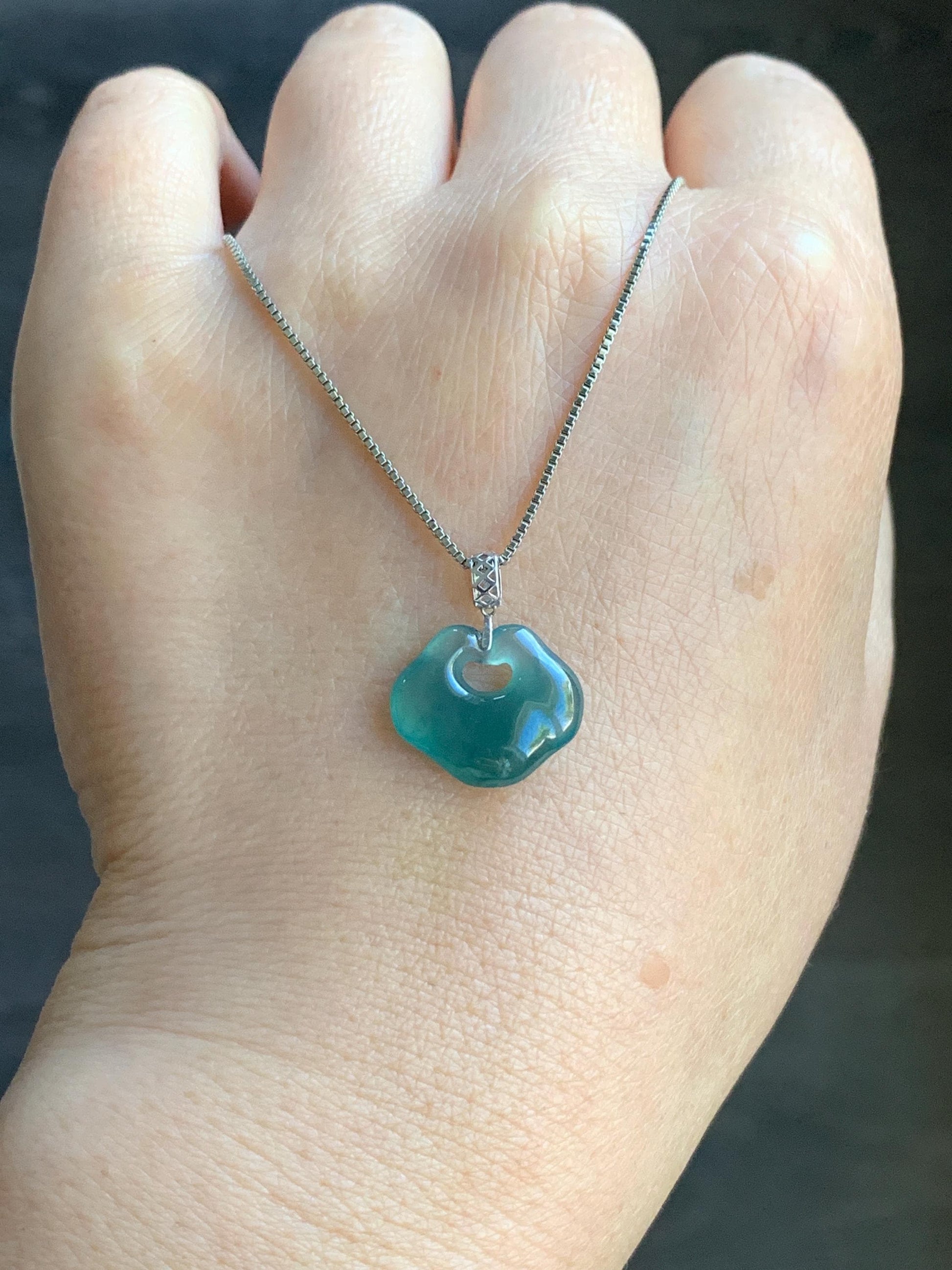 Petite Natural Guatemalan Icy Translucent Gelatinous Teal Green Jadeite Ruyi Lock Pendant 18K White Gold Bail 天然冰危老种湖水绿翡翠如意锁镶嵌吊坠 B