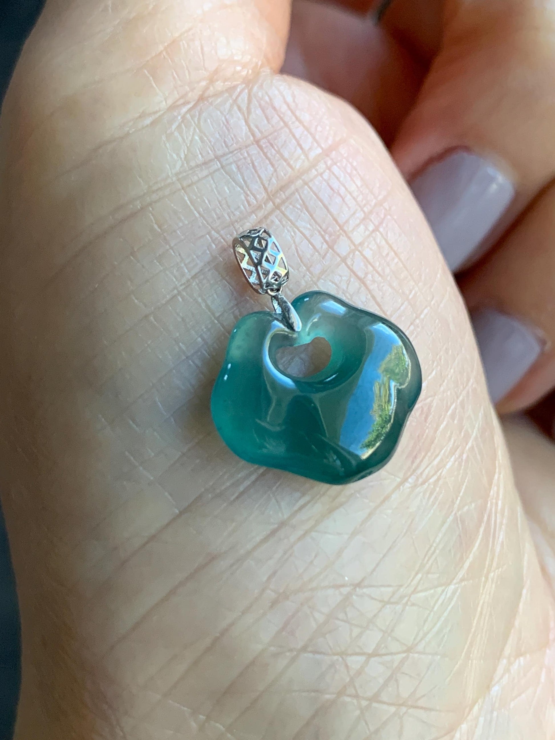 Petite Natural Guatemalan Icy Translucent Gelatinous Teal Green Jadeite Ruyi Lock Pendant 18K White Gold Bail 天然冰危老种湖水绿翡翠如意锁镶嵌吊坠 B
