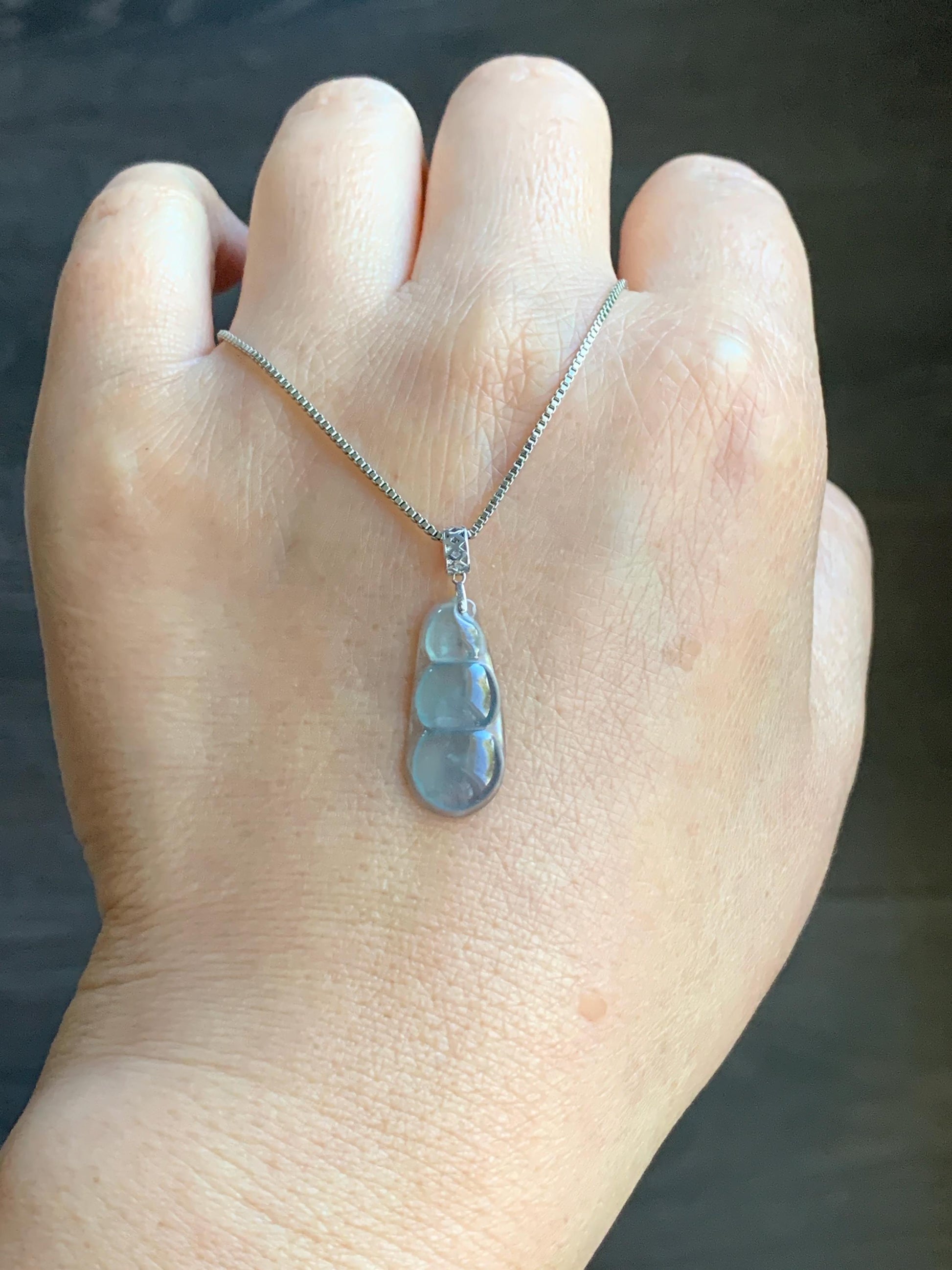Petite Natural Guatemalan Icy Highly Translucent Gelatinous Light Blue Jadeite Carved Peapod Pendant 18K White Gold 天然冰危浅蓝起光翡翠福豆镶嵌吊坠 XDD712A