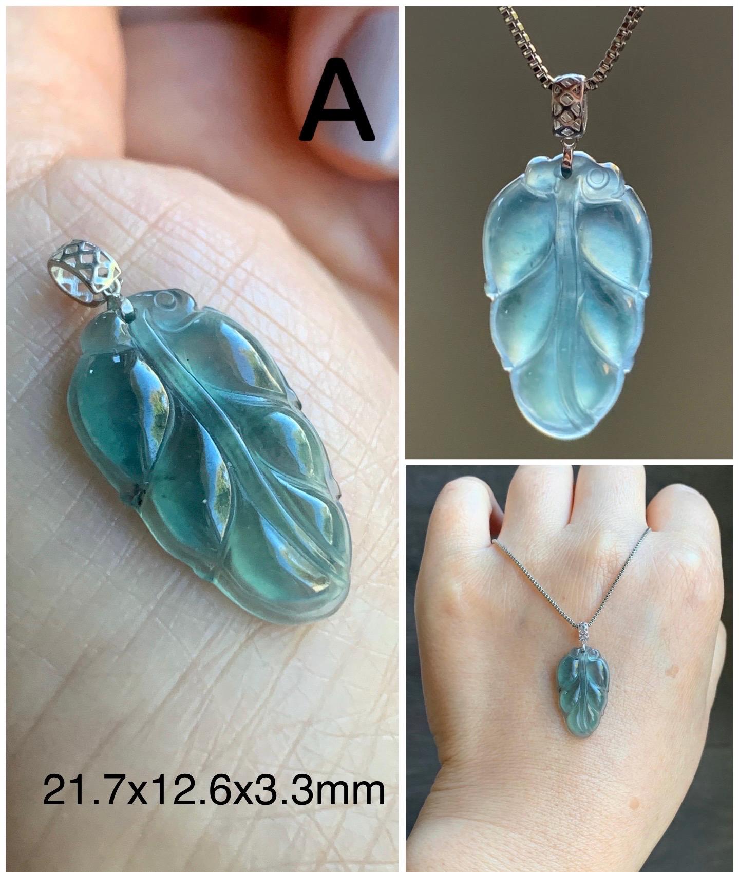 Petite Natural Guatemalan Premium Icy Highly Translucent Teal Blue Teal Green Jadeite Leaf Pendant 18K Gold 天然老种高冰危蓝绿翡翠大叶有成镶嵌吊坠 XYZ928