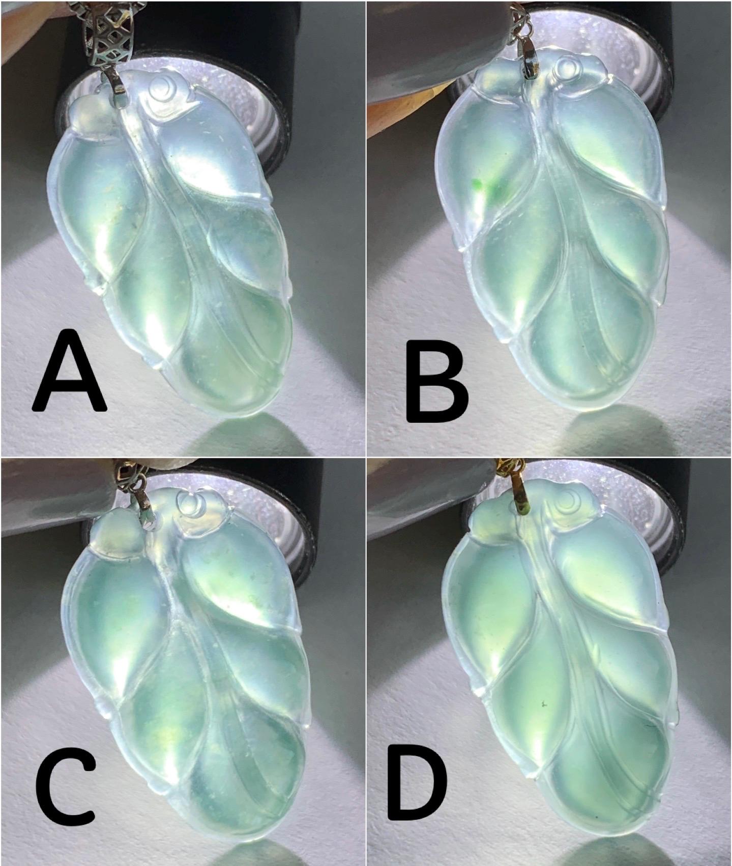 Petite Natural Guatemalan Premium Icy Highly Translucent Teal Blue Teal Green Jadeite Leaf Pendant 18K Gold 天然老种高冰危蓝绿翡翠大叶有成镶嵌吊坠 XYZ928
