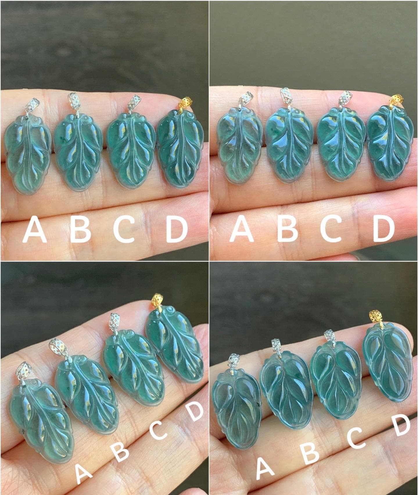 Petite Natural Guatemalan Premium Icy Highly Translucent Teal Blue Teal Green Jadeite Leaf Pendant 18K Gold 天然老种高冰危蓝绿翡翠大叶有成镶嵌吊坠 XYZ928