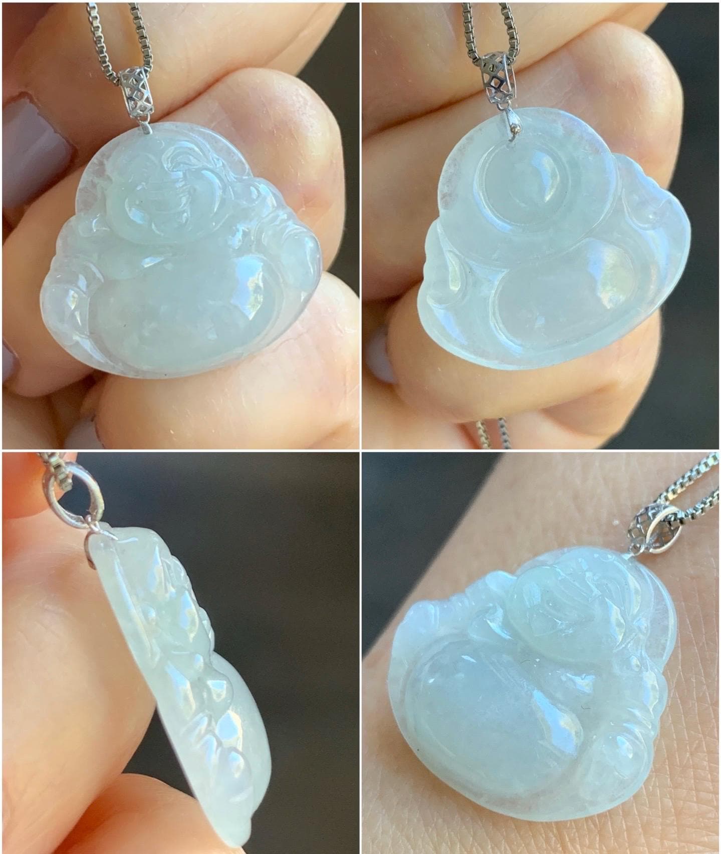 Natural Burmese Icy Translucent White Jadeite Buddha Pendant 18K White Gold 4g 天然缅甸白冰翡翠佛公镶嵌吊坠