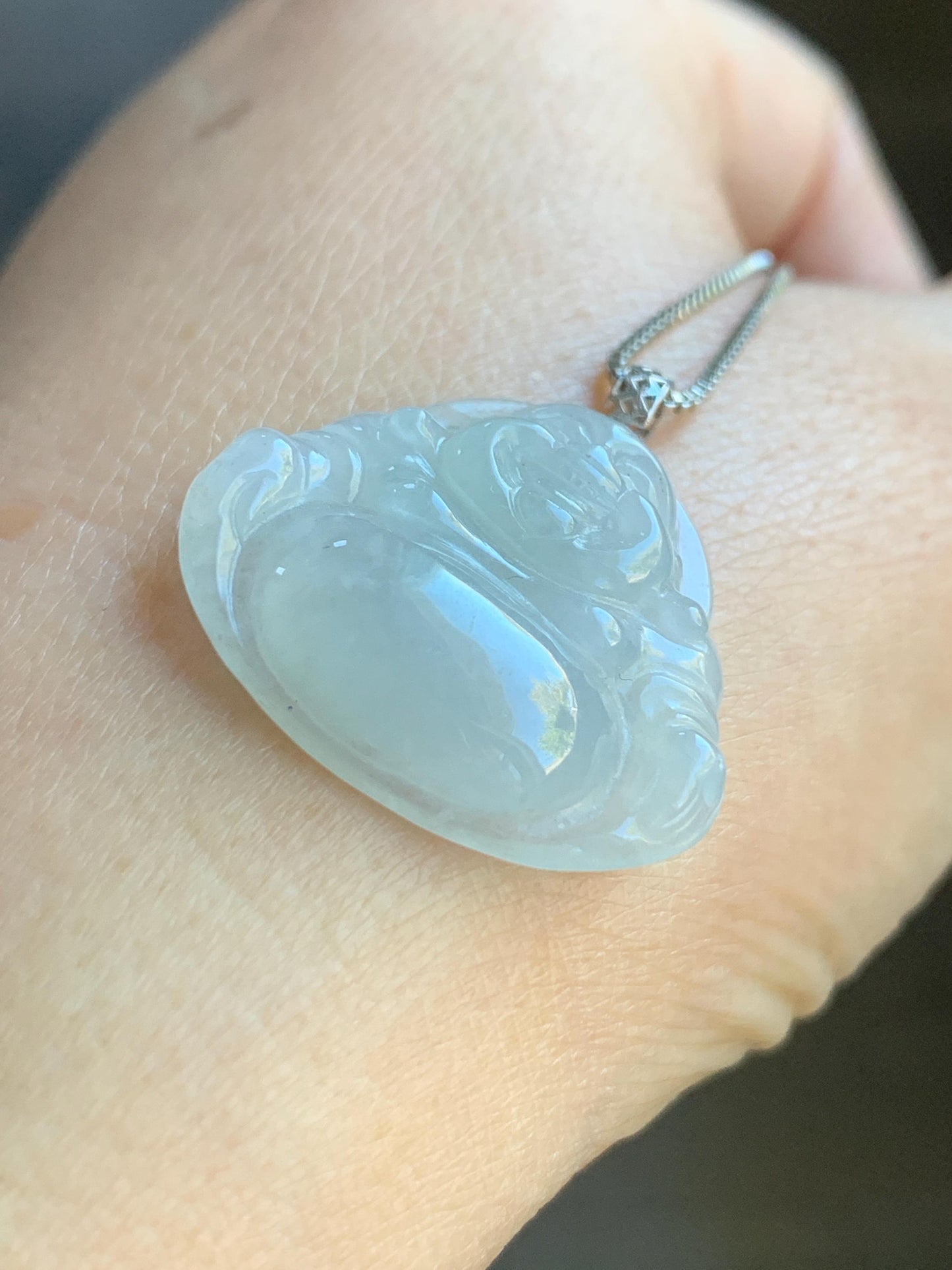 Natural Burmese Icy Translucent White Jadeite Buddha Pendant 18K White Gold 4g 天然缅甸白冰翡翠佛公镶嵌吊坠