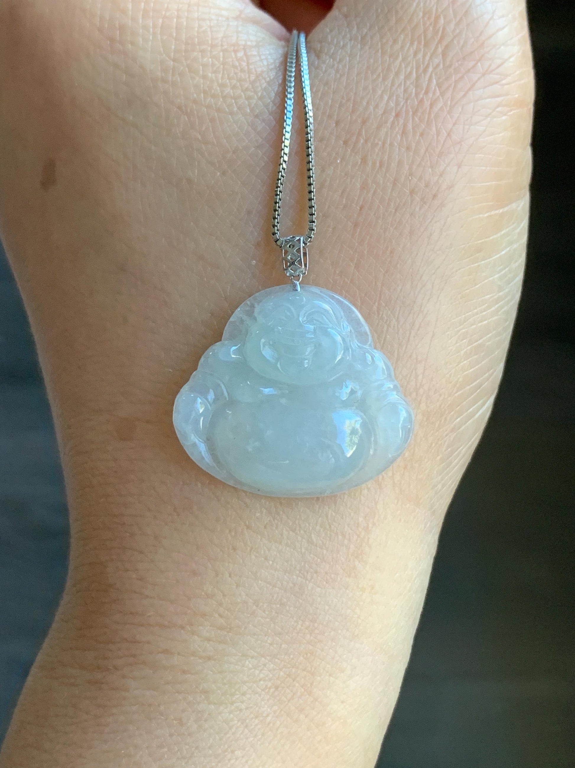 Natural Burmese Icy Translucent White Jadeite Buddha Pendant 18K White Gold 4g 天然缅甸白冰翡翠佛公镶嵌吊坠