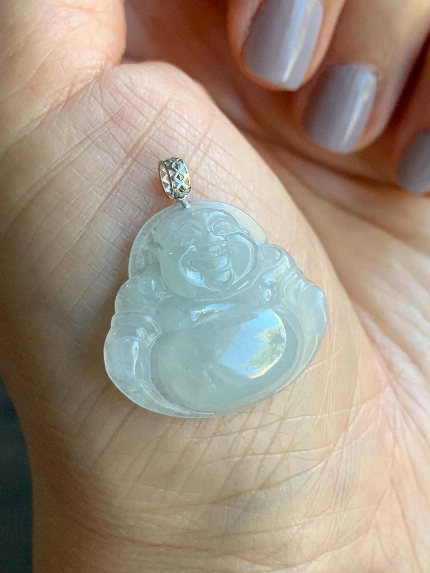 Natural Burmese Icy Translucent White Jadeite Buddha Pendant 18K White Gold 4g 天然缅甸白冰翡翠佛公镶嵌吊坠