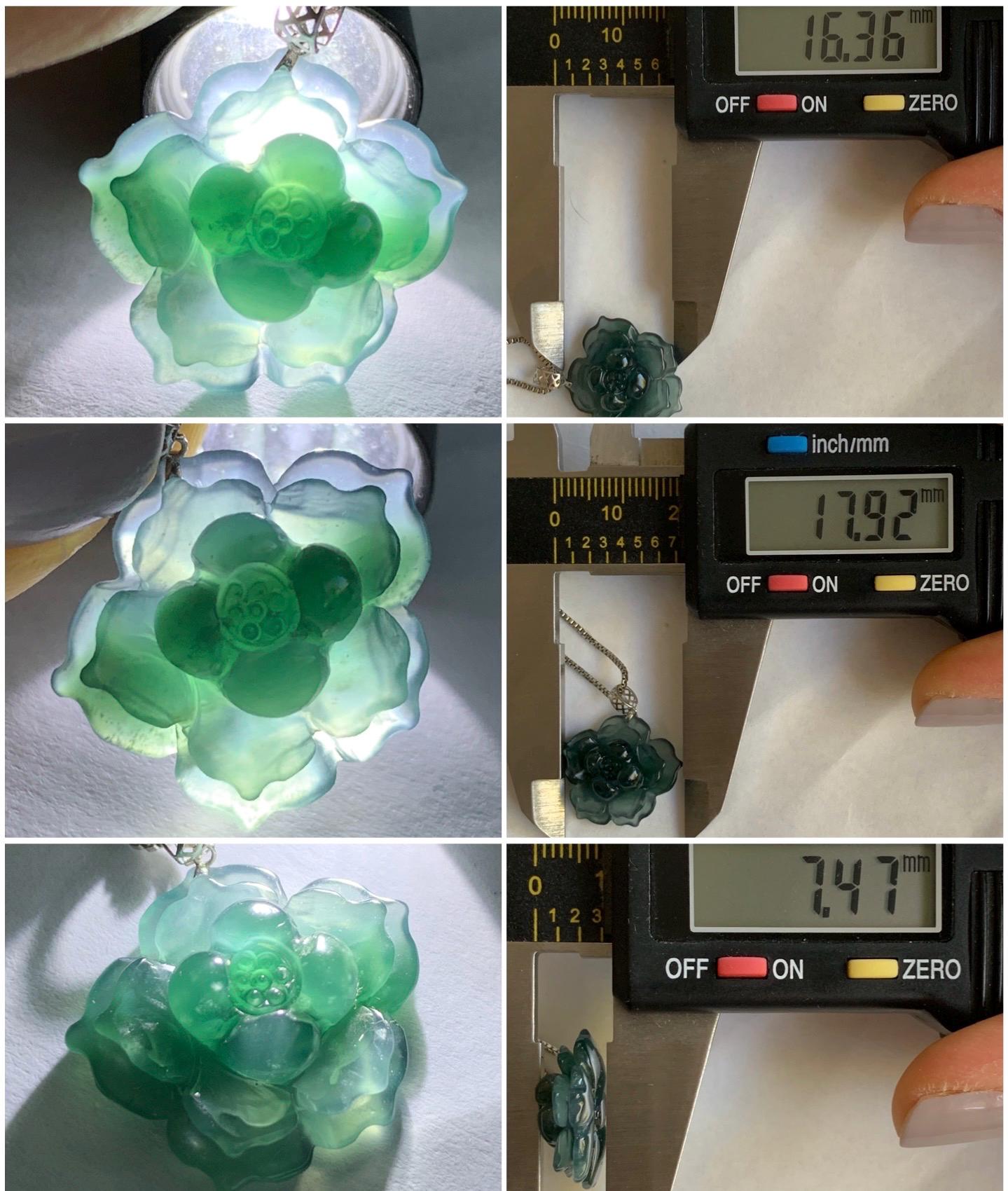Natural Guatemalan Icy Highly Translucent Deep Indigo Blue Jadeite Lotus Flower Pendant 18K White Gold 2g 天然冰危深蓝翡翠莲花镶嵌吊坠 DLH620B