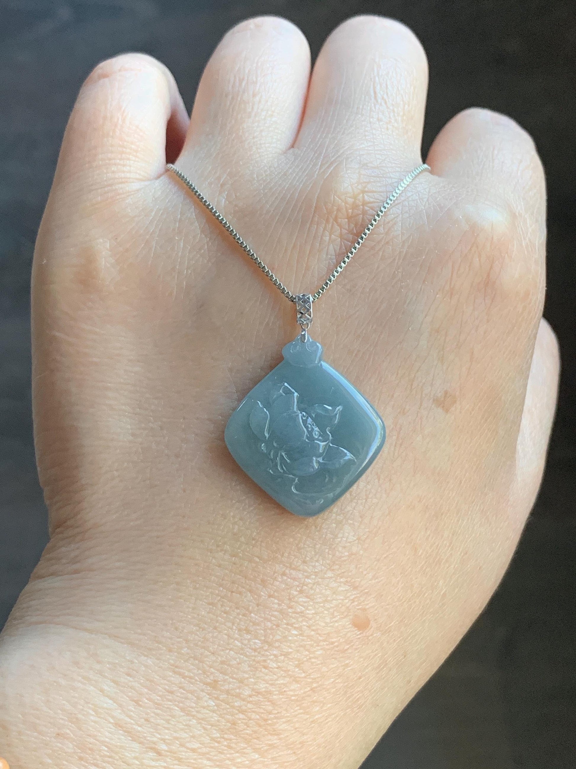 Natural Guatemalan Icy Translucent Light Dusty Blue Jadeite Lotus Flower Pendant 18K White Gold 4g 天然冰危淡蓝翡翠莲花镶嵌吊坠 LDQL