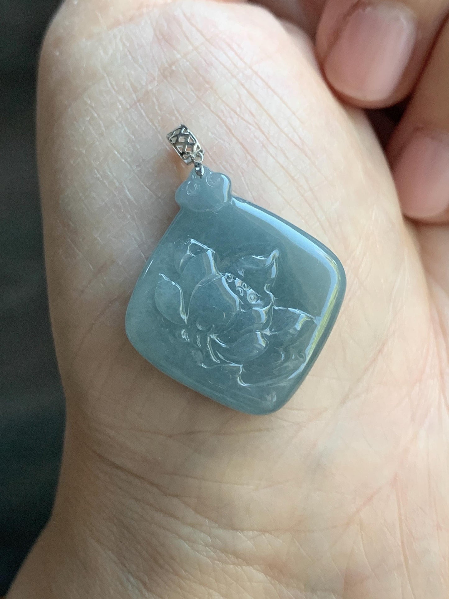 Natural Guatemalan Icy Translucent Light Dusty Blue Jadeite Lotus Flower Pendant 18K White Gold 4g 天然冰危淡蓝翡翠莲花镶嵌吊坠 LDQL
