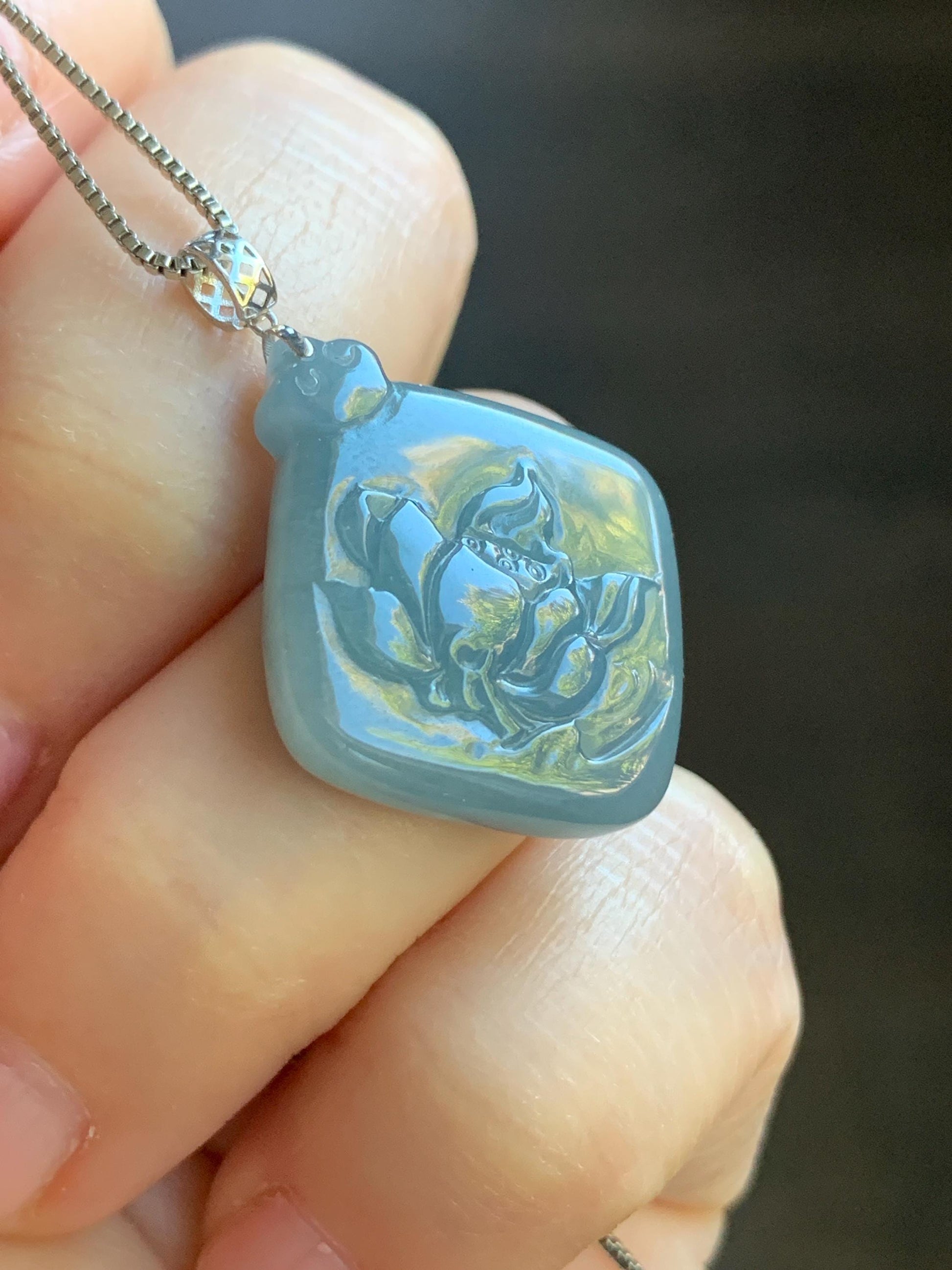 Natural Guatemalan Icy Translucent Light Dusty Blue Jadeite Lotus Flower Pendant 18K White Gold 4g 天然冰危淡蓝翡翠莲花镶嵌吊坠 LDQL