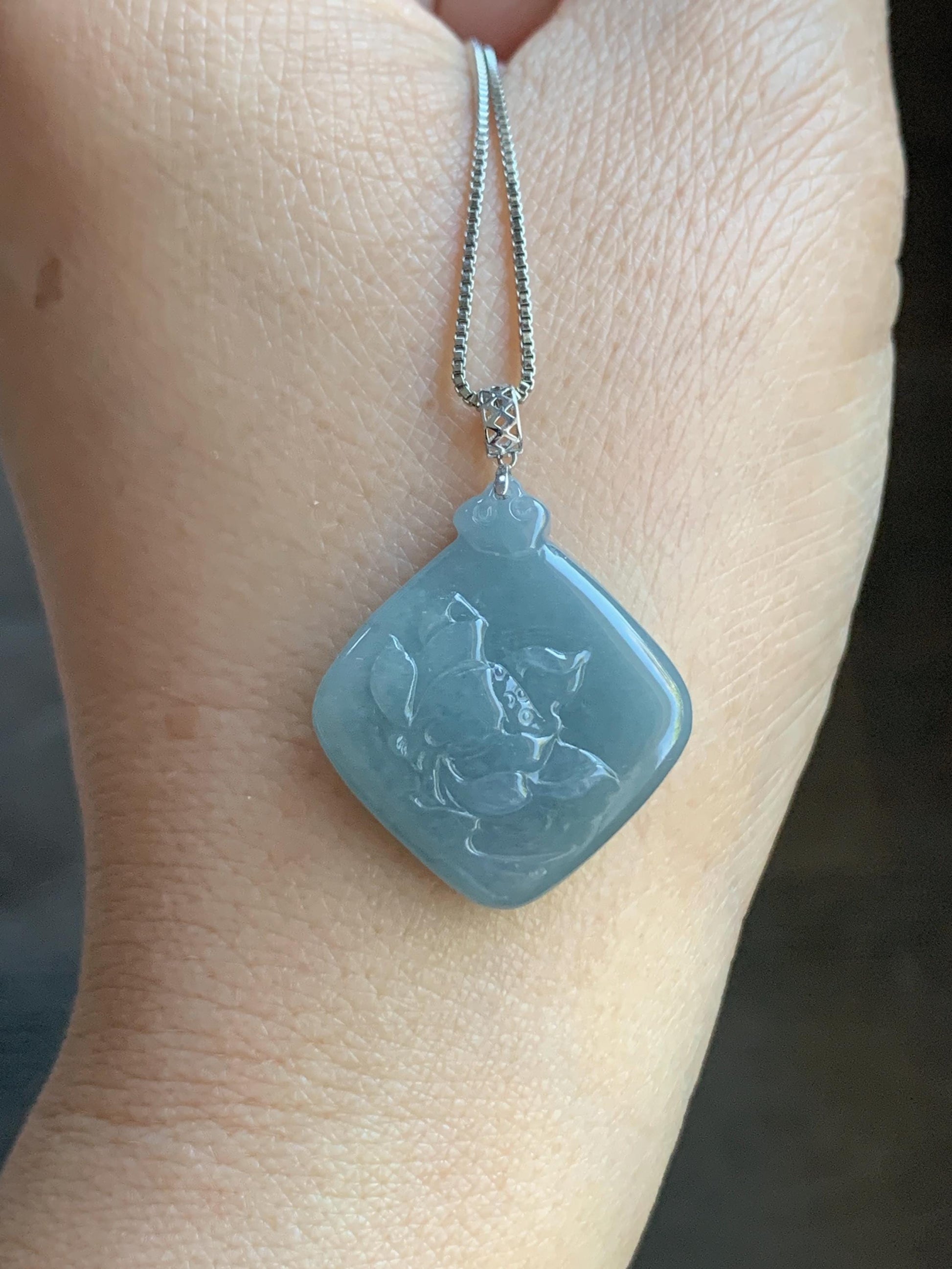 Natural Guatemalan Icy Translucent Light Dusty Blue Jadeite Lotus Flower Pendant 18K White Gold 4g 天然冰危淡蓝翡翠莲花镶嵌吊坠 LDQL