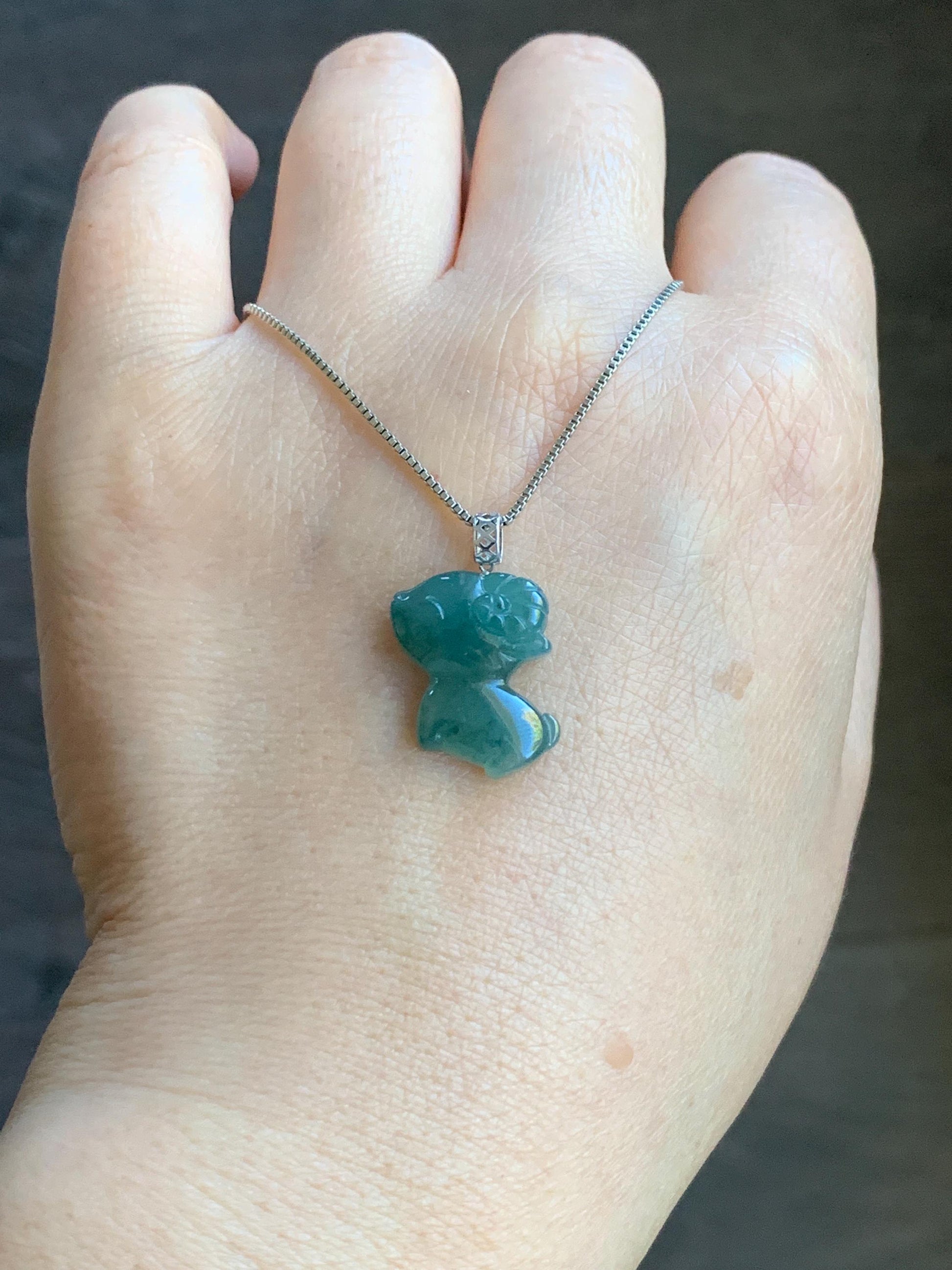 Natural Guatemalan Icy Translucent Gelatinous Teal Green Jadeite Baby Sheep Ram Pendant 18K White Gold 2g 天然冰胶危蓝绿翡翠小羊镶嵌吊坠 XDW72A