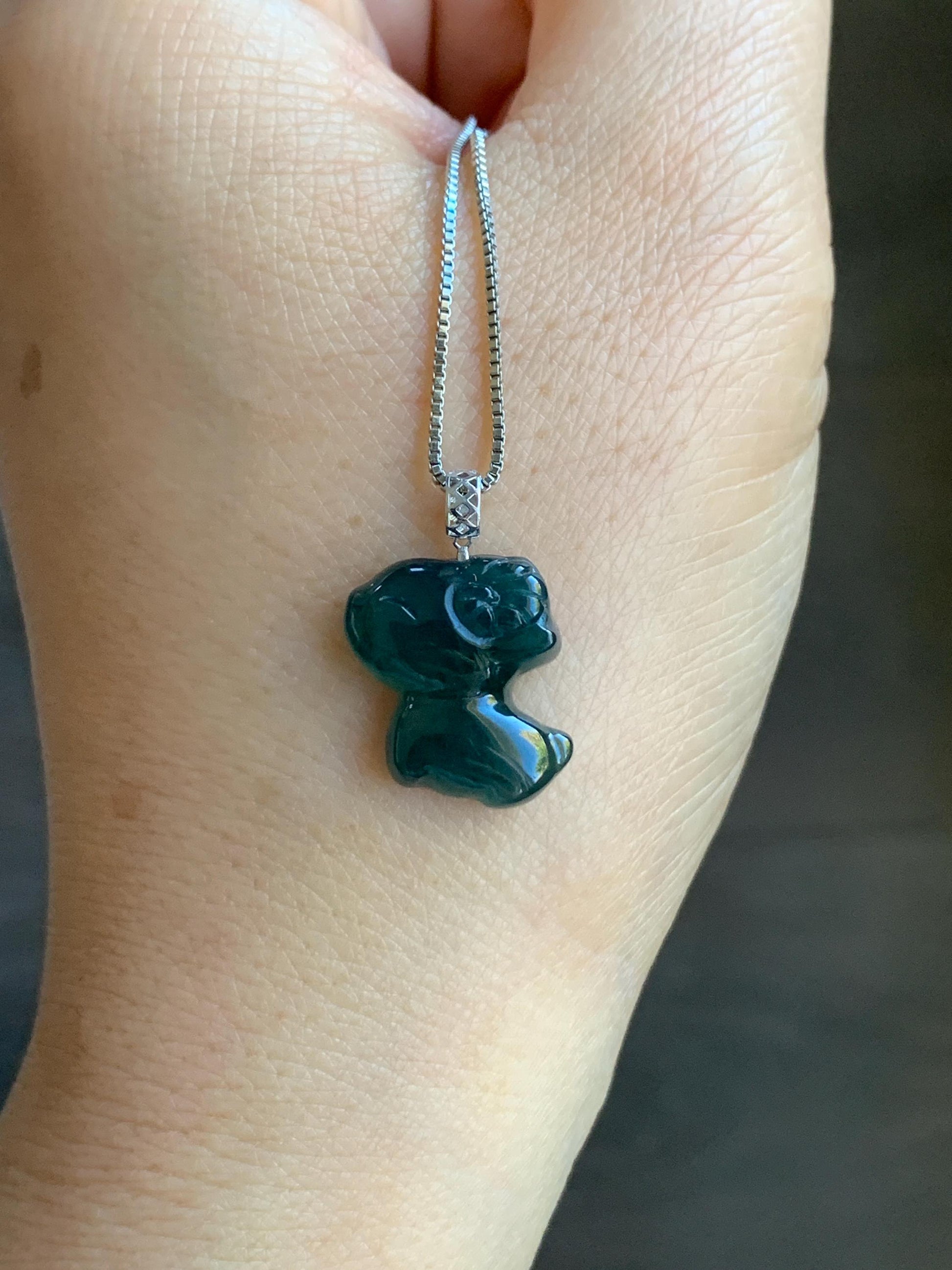 Natural Guatemalan Icy Translucent Gelatinous Deep Teal Blue Jadeite Baby Sheep Ram Pendant 18K White Gold 2g 天然冰胶危深蓝绿翡翠小羊镶嵌吊坠 XDW72B