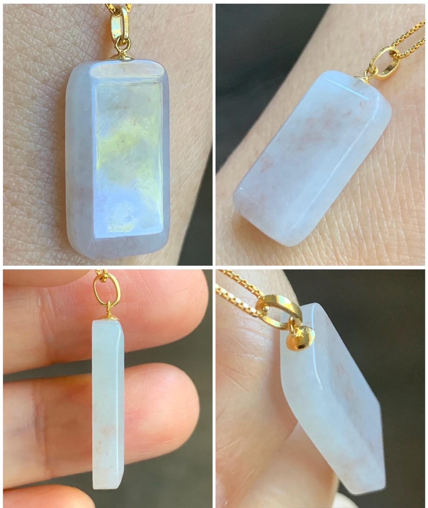 Petite Natural Burmese Icy Translation Golden Marbled Jadeite Rectangle Wu Shi Pai Pendant 18K Yellow Gold 4g 天然缅甸冰桂花糕撒金翡翠小无事牌镶嵌吊坠