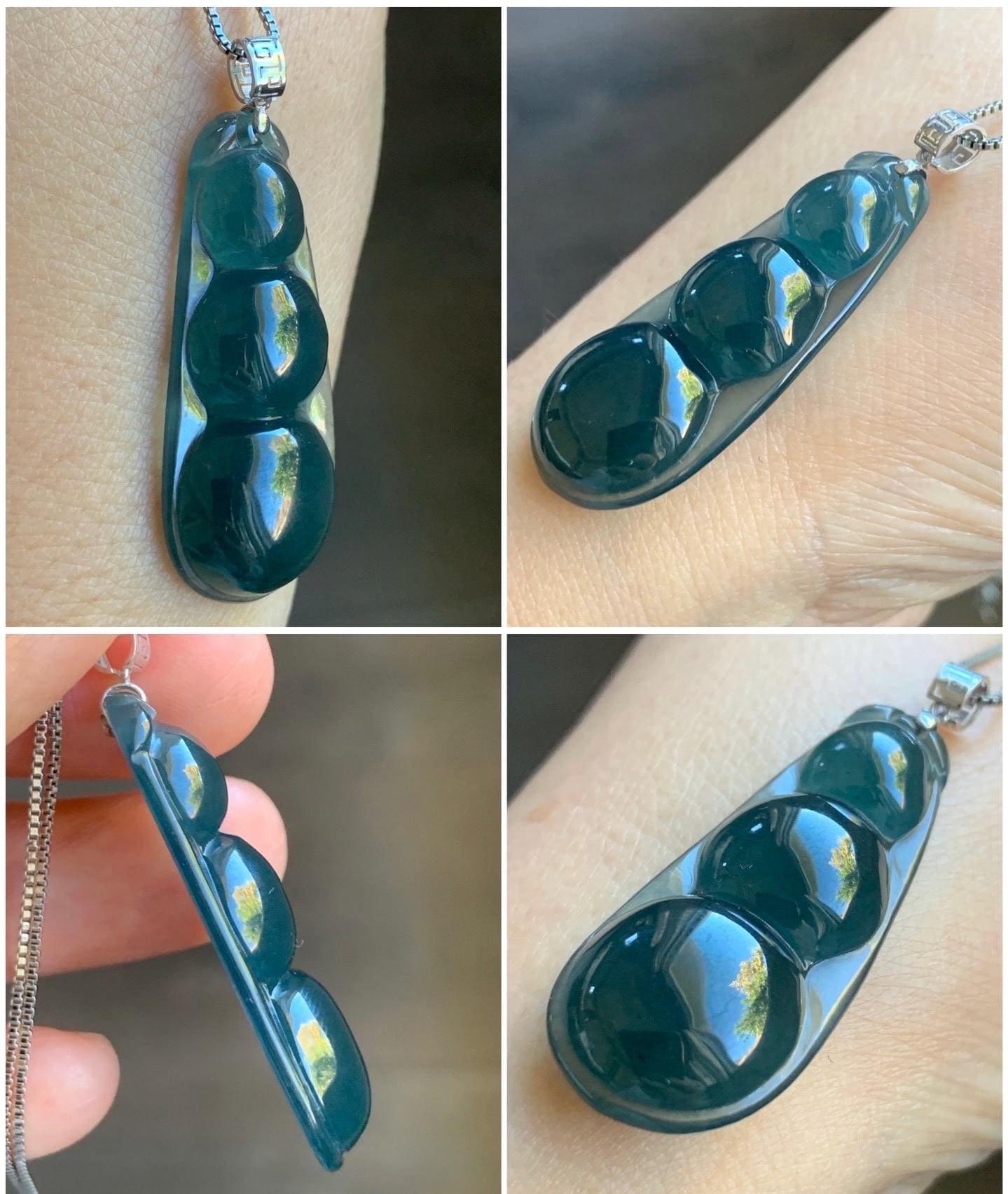Large Natural Guatemalan Icy Translucent Dark Teal Blue Jadeite Large Peapod Pendant 18K White Gold 6g 天然冰危深蓝翡翠福豆镶嵌吊坠 SLD67B