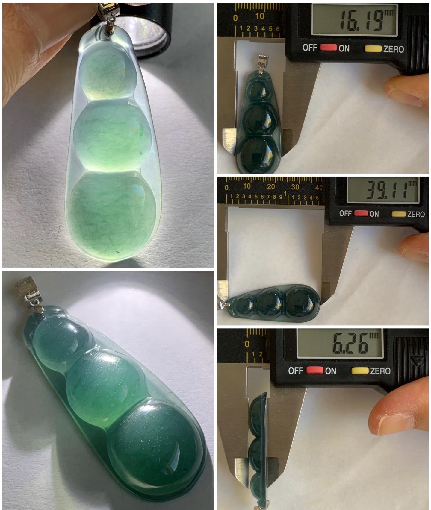 Large Natural Guatemalan Icy Translucent Dark Teal Blue Jadeite Large Peapod Pendant 18K White Gold 6g 天然冰危深蓝翡翠福豆镶嵌吊坠 SLD67B