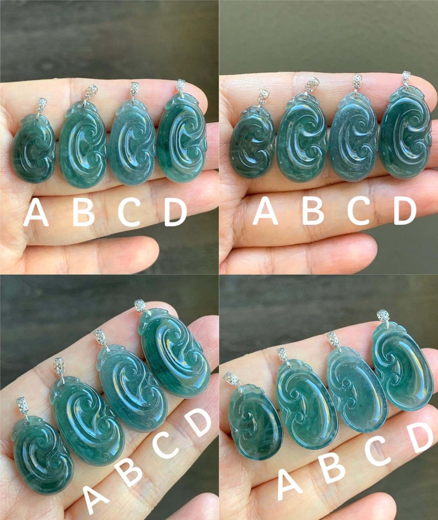 Petite Natural Guatemalan Icy Translucent Teal Blue Teal Green Jadeite Ruyi Amulet Pendant 18K White Gold 天然老种冰危蓝绿翡翠如意镶嵌吊坠 XRY614