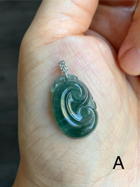 Petite Natural Guatemalan Icy Translucent Teal Blue Teal Green Jadeite Ruyi Amulet Pendant 18K White Gold 天然老种冰危蓝绿翡翠如意镶嵌吊坠 XRY614
