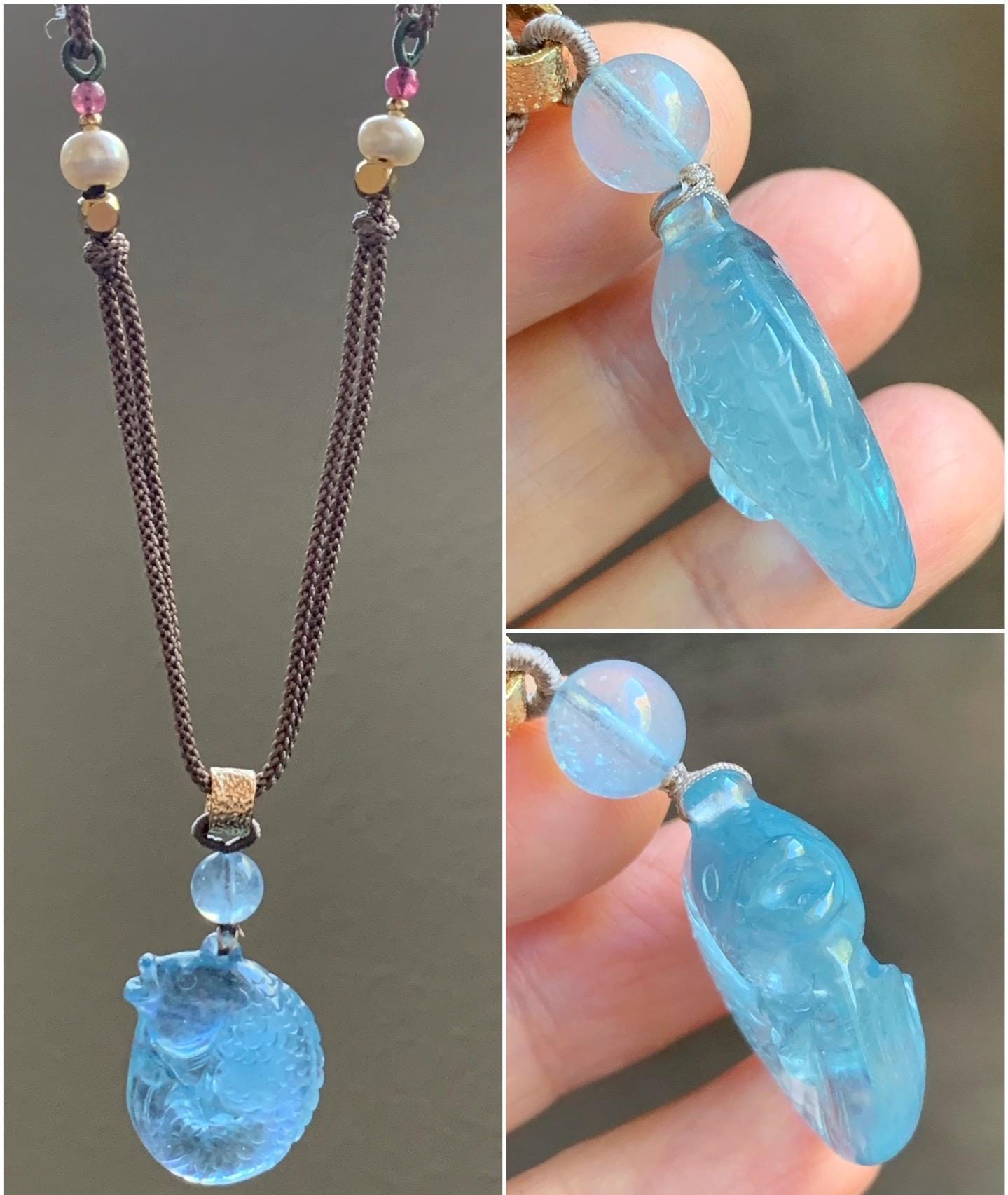 Certified Natural Genuine Premium Aquamarine Carved Koi Fish Pendant Freshwater Pearls Rope Necklace 25" Adjustable 13g 天然海蓝宝锦鲤鱼吊坠 0831