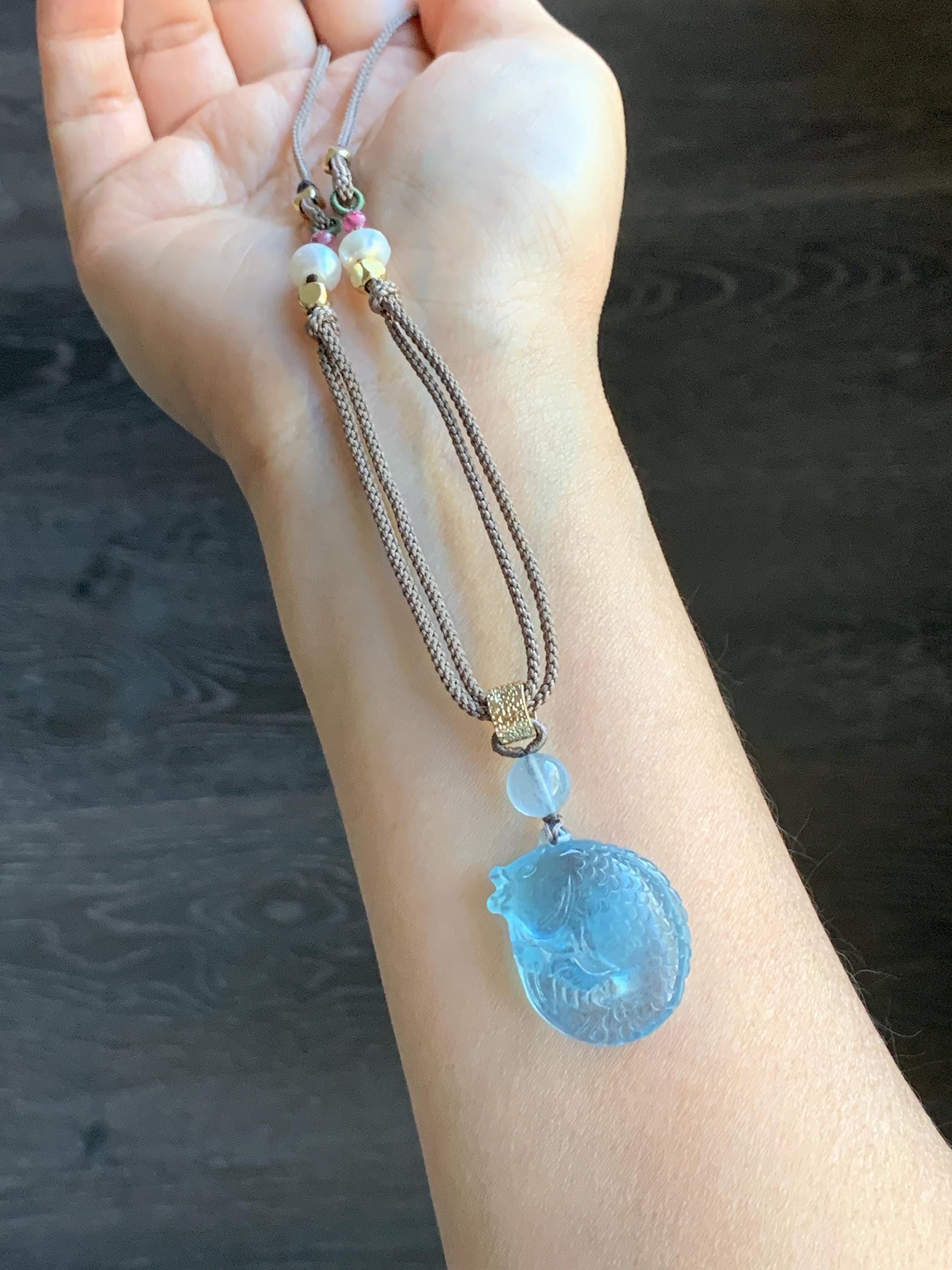 Certified Natural Genuine Premium Aquamarine Carved Koi Fish Pendant Freshwater Pearls Rope Necklace 25" Adjustable 13g 天然海蓝宝锦鲤鱼吊坠 0831