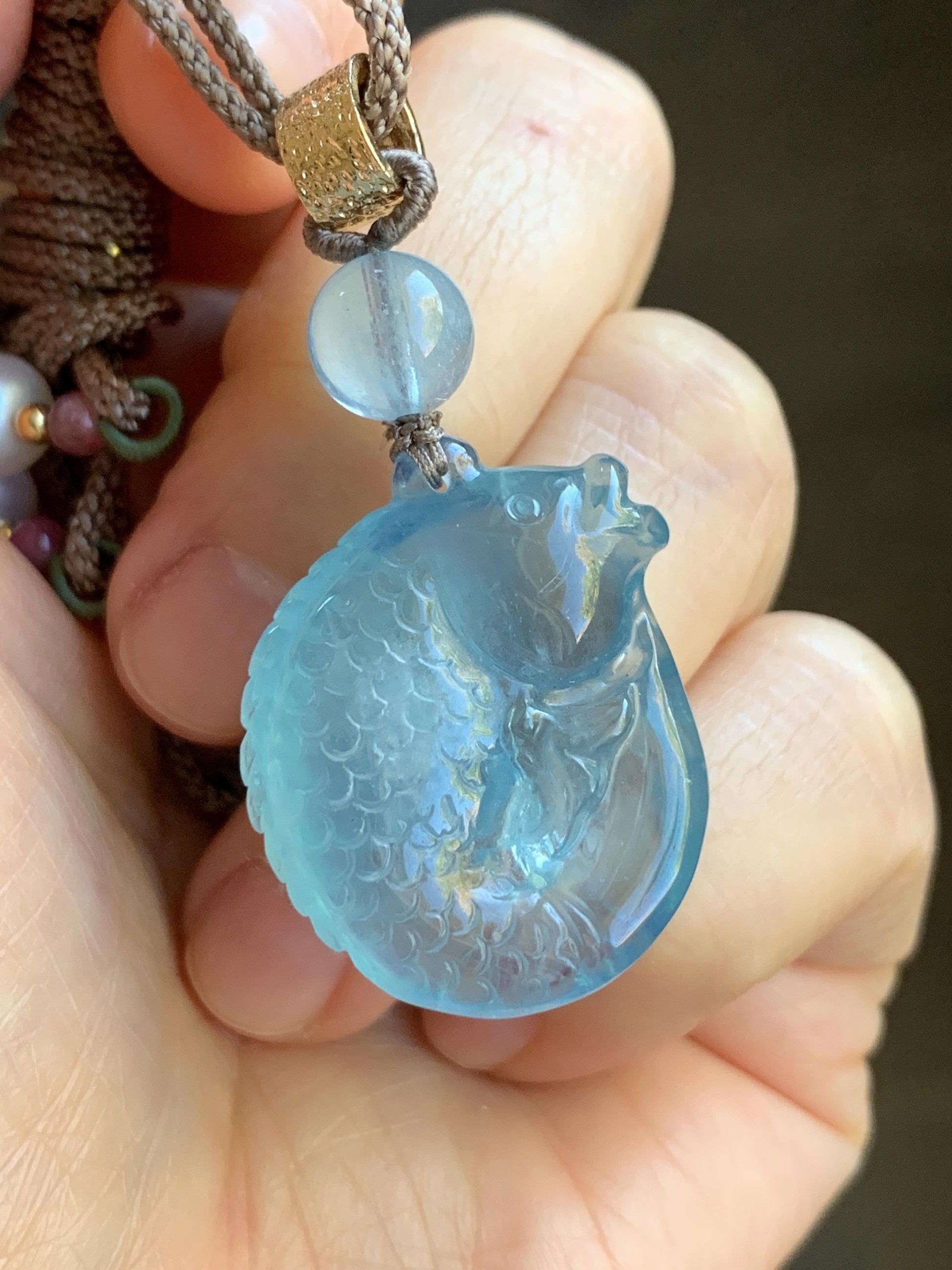 Certified Natural Genuine Premium Aquamarine Carved Koi Fish Pendant Freshwater Pearls Rope Necklace 25" Adjustable 13g 天然海蓝宝锦鲤鱼吊坠 0831