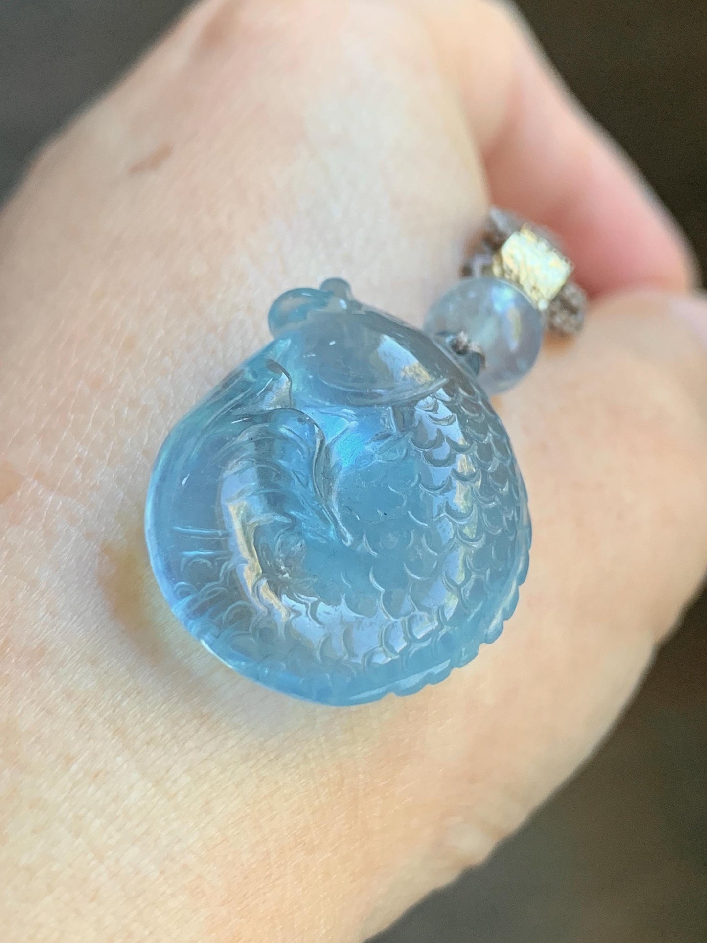 Certified Natural Genuine Premium Aquamarine Carved Koi Fish Pendant Freshwater Pearls Rope Necklace 25" Adjustable 13g 天然海蓝宝锦鲤鱼吊坠 0831