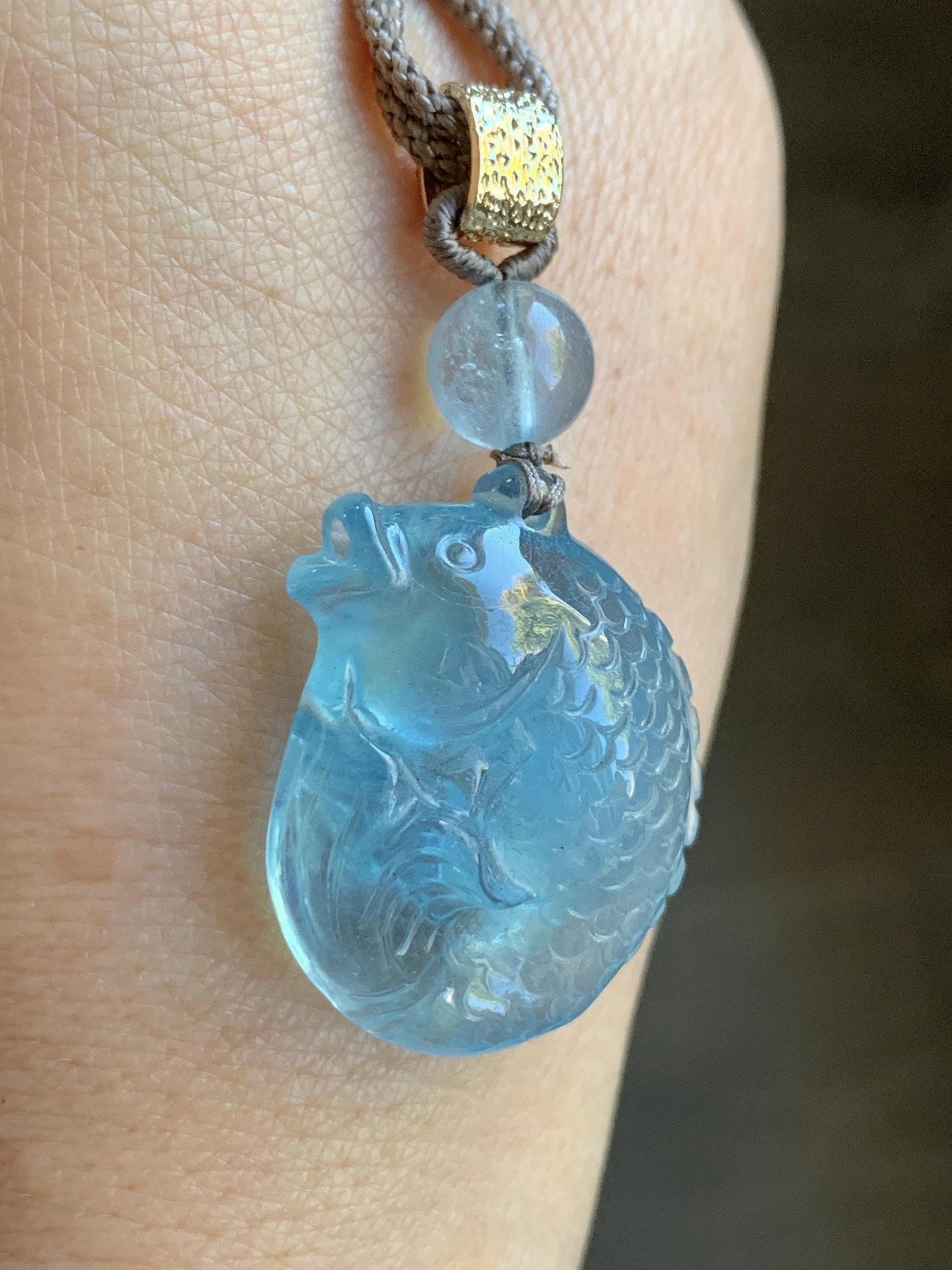 Certified Natural Genuine Premium Aquamarine Carved Koi Fish Pendant Freshwater Pearls Rope Necklace 25" Adjustable 13g 天然海蓝宝锦鲤鱼吊坠 0831