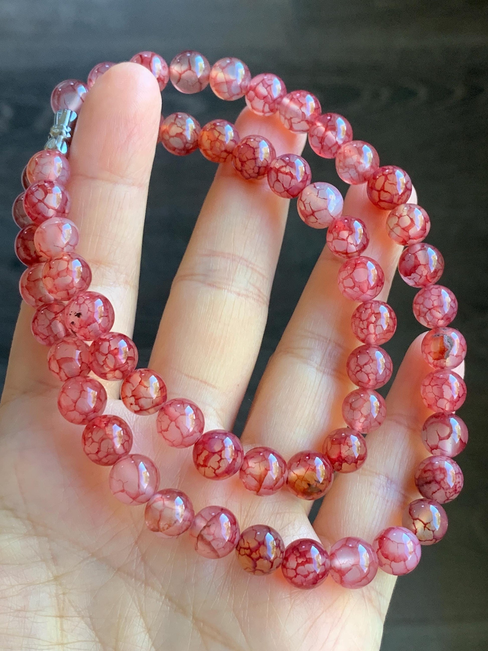 Certified Genuine Dragon Vein Agate Beaded Necklace 8.5mm 43g 18.5” 龙纹玛瑙圆珠项链 8172