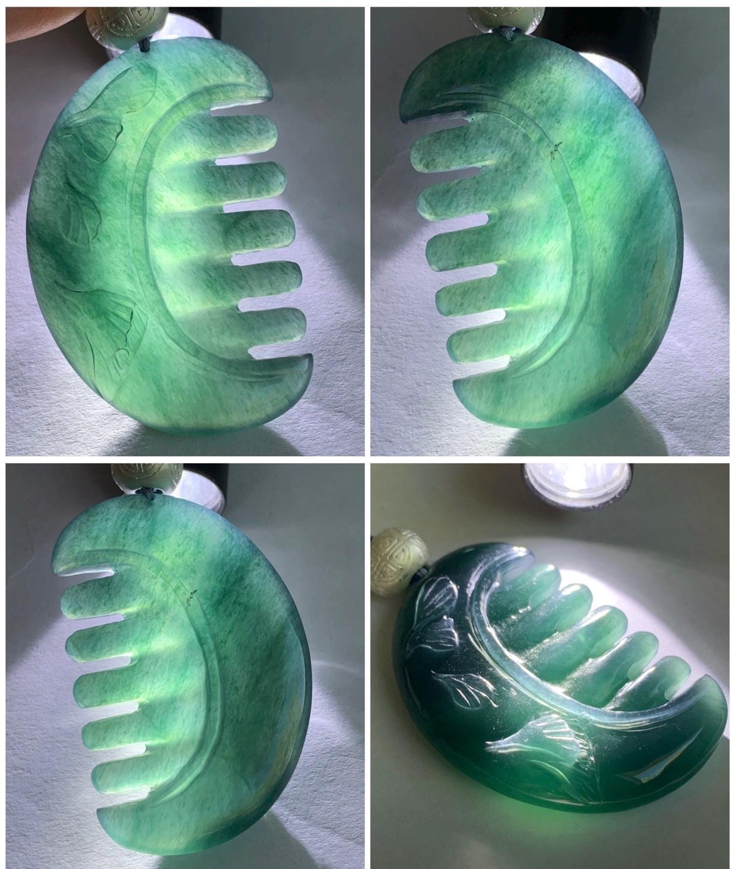 Natural Guatemalan Icy Translucent Dark Teal Blue Jadeite Comb with Ginkgo Leaves Pendant Rope Necklace Sterling Silver 25” 天然冰危深蓝翡翠银杏叶梳子吊坠