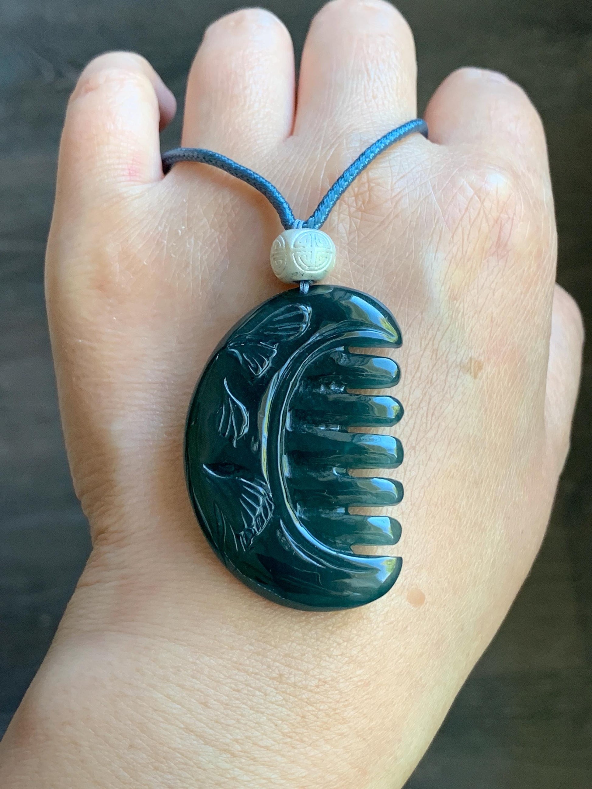 Natural Guatemalan Icy Translucent Dark Teal Blue Jadeite Comb with Ginkgo Leaves Pendant Rope Necklace Sterling Silver 25” 天然冰危深蓝翡翠银杏叶梳子吊坠