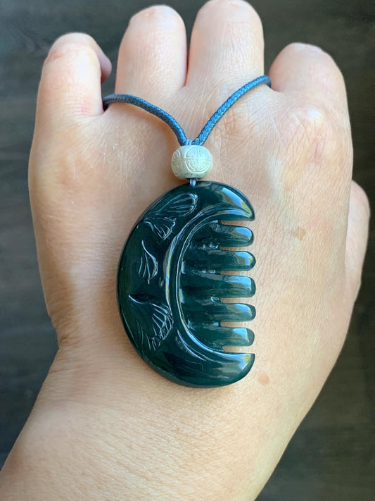 Natural Guatemalan Icy Translucent Dark Teal Blue Jadeite Comb with Ginkgo Leaves Pendant Rope Necklace Sterling Silver 25” 天然冰危深蓝翡翠银杏叶梳子吊坠