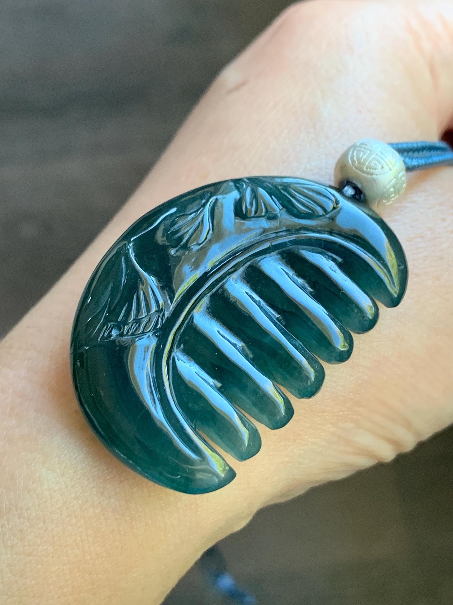 Natural Guatemalan Icy Translucent Dark Teal Blue Jadeite Comb with Ginkgo Leaves Pendant Rope Necklace Sterling Silver 25” 天然冰危深蓝翡翠银杏叶梳子吊坠