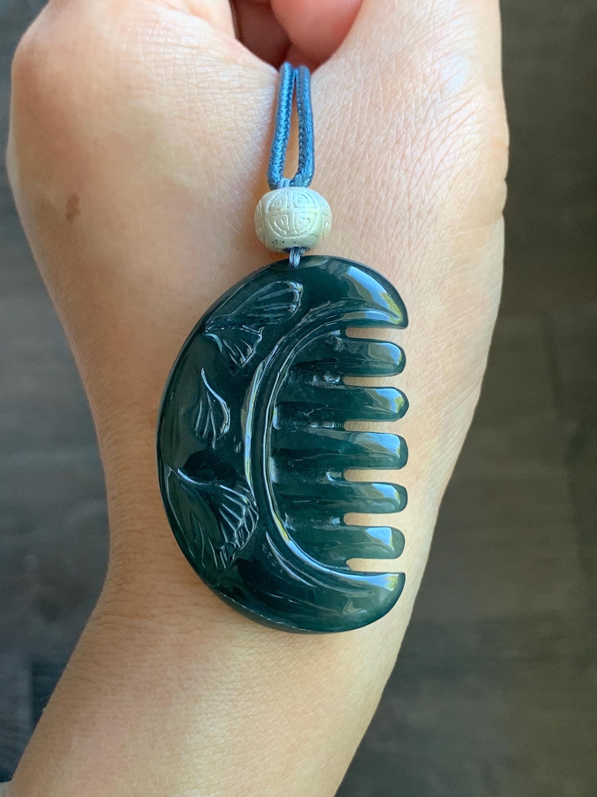 Natural Guatemalan Icy Translucent Dark Teal Blue Jadeite Comb with Ginkgo Leaves Pendant Rope Necklace Sterling Silver 25” 天然冰危深蓝翡翠银杏叶梳子吊坠