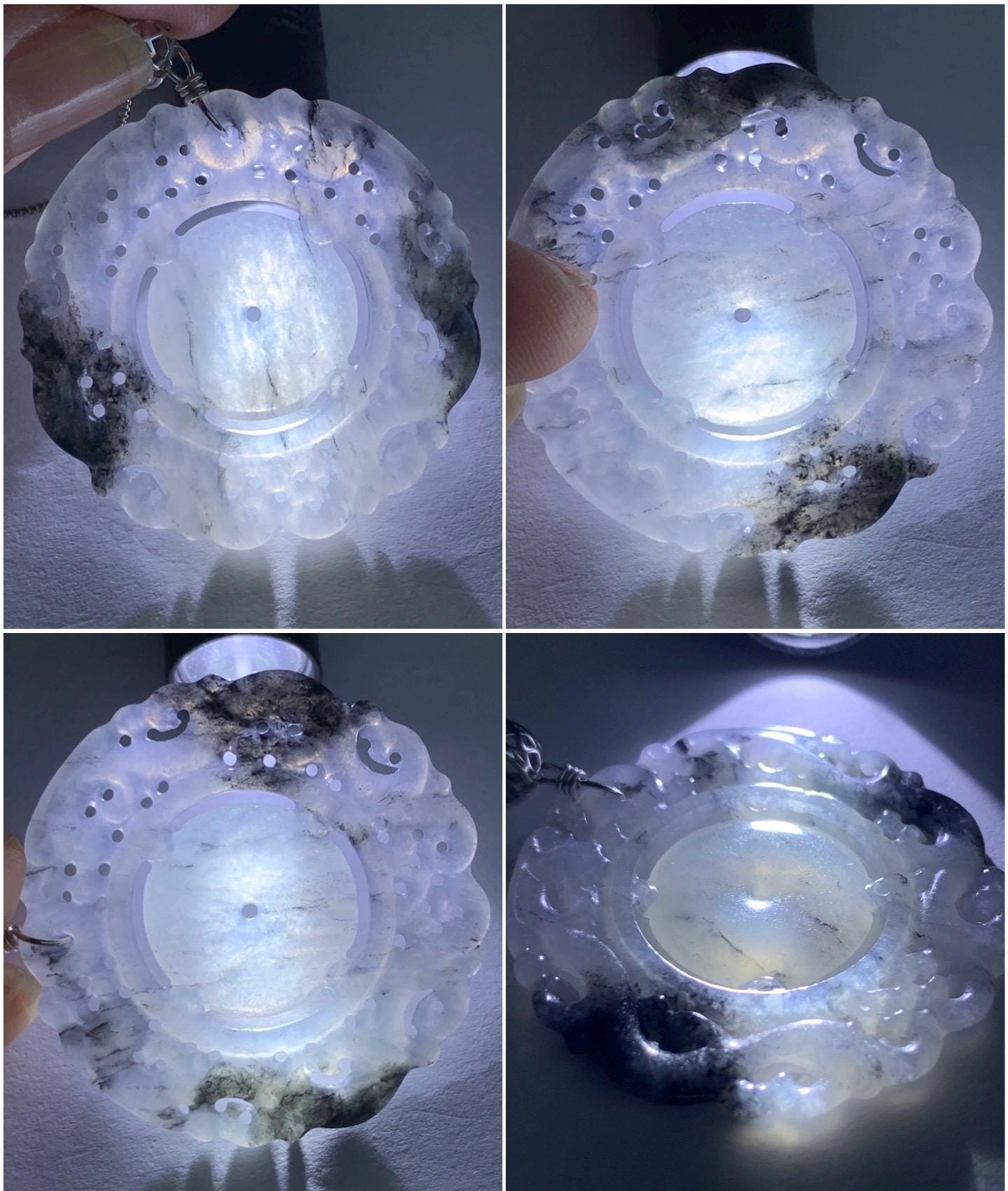 Natural Burmese Icy Translucent Gelatinous Wuji Jadeite Openwork Engraved Double Dragon Donut Pendant Sterling Silver 天然缅甸冰胶乌鸡翡翠双龙护主平安扣吊坠 B