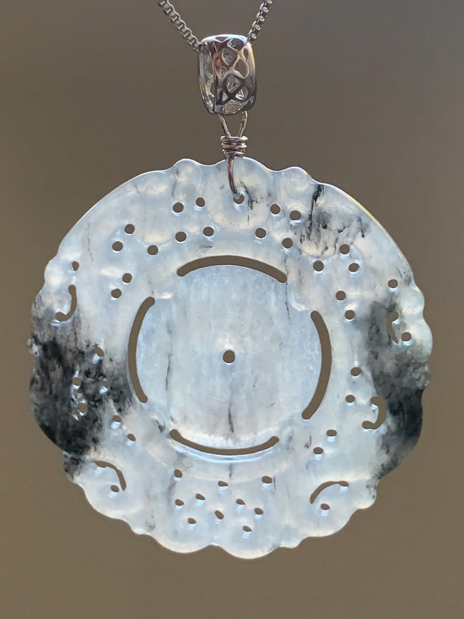 Natural Burmese Icy Translucent Gelatinous Wuji Jadeite Openwork Engraved Double Dragon Donut Pendant Sterling Silver 天然缅甸冰胶乌鸡翡翠双龙护主平安扣吊坠 B