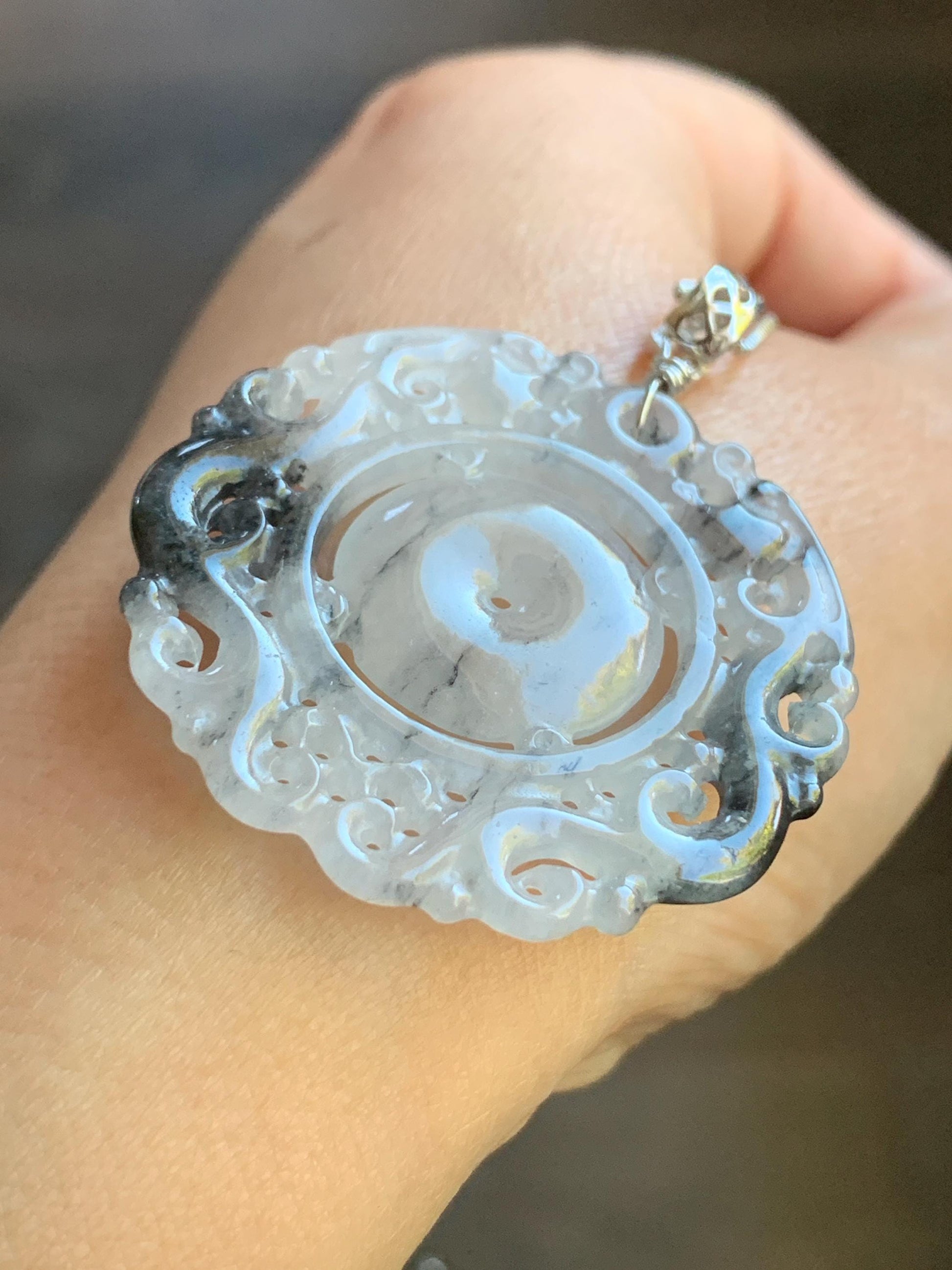Natural Burmese Icy Translucent Gelatinous Wuji Jadeite Openwork Engraved Double Dragon Donut Pendant Sterling Silver 天然缅甸冰胶乌鸡翡翠双龙护主平安扣吊坠 B