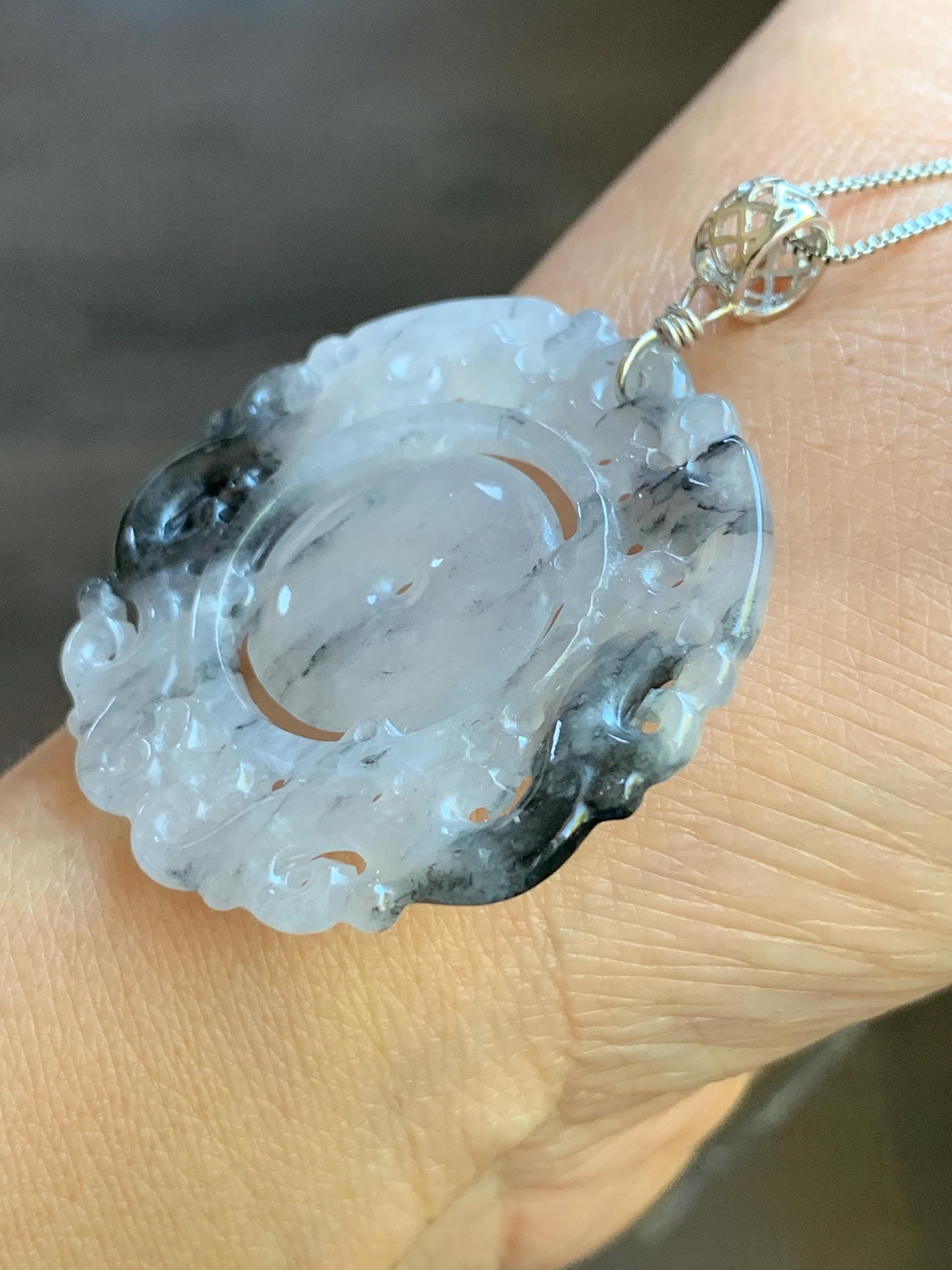 Natural Burmese Icy Translucent Gelatinous Wuji Jadeite Openwork Engraved Double Dragon Donut Pendant Sterling Silver 天然缅甸冰胶乌鸡翡翠双龙护主平安扣吊坠 B