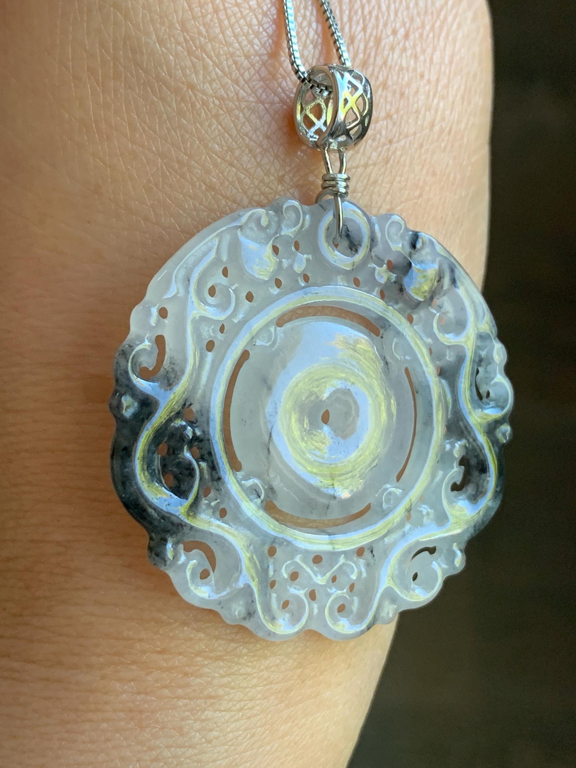 Natural Burmese Icy Translucent Gelatinous Wuji Jadeite Openwork Engraved Double Dragon Donut Pendant Sterling Silver 天然缅甸冰胶乌鸡翡翠双龙护主平安扣吊坠 B
