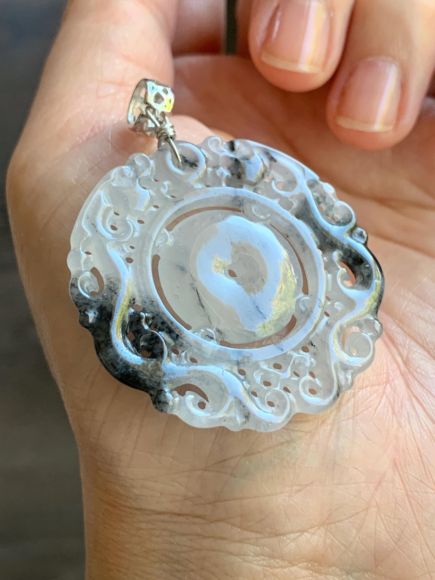 Natural Burmese Icy Translucent Gelatinous Wuji Jadeite Openwork Engraved Double Dragon Donut Pendant Sterling Silver 天然缅甸冰胶乌鸡翡翠双龙护主平安扣吊坠 B