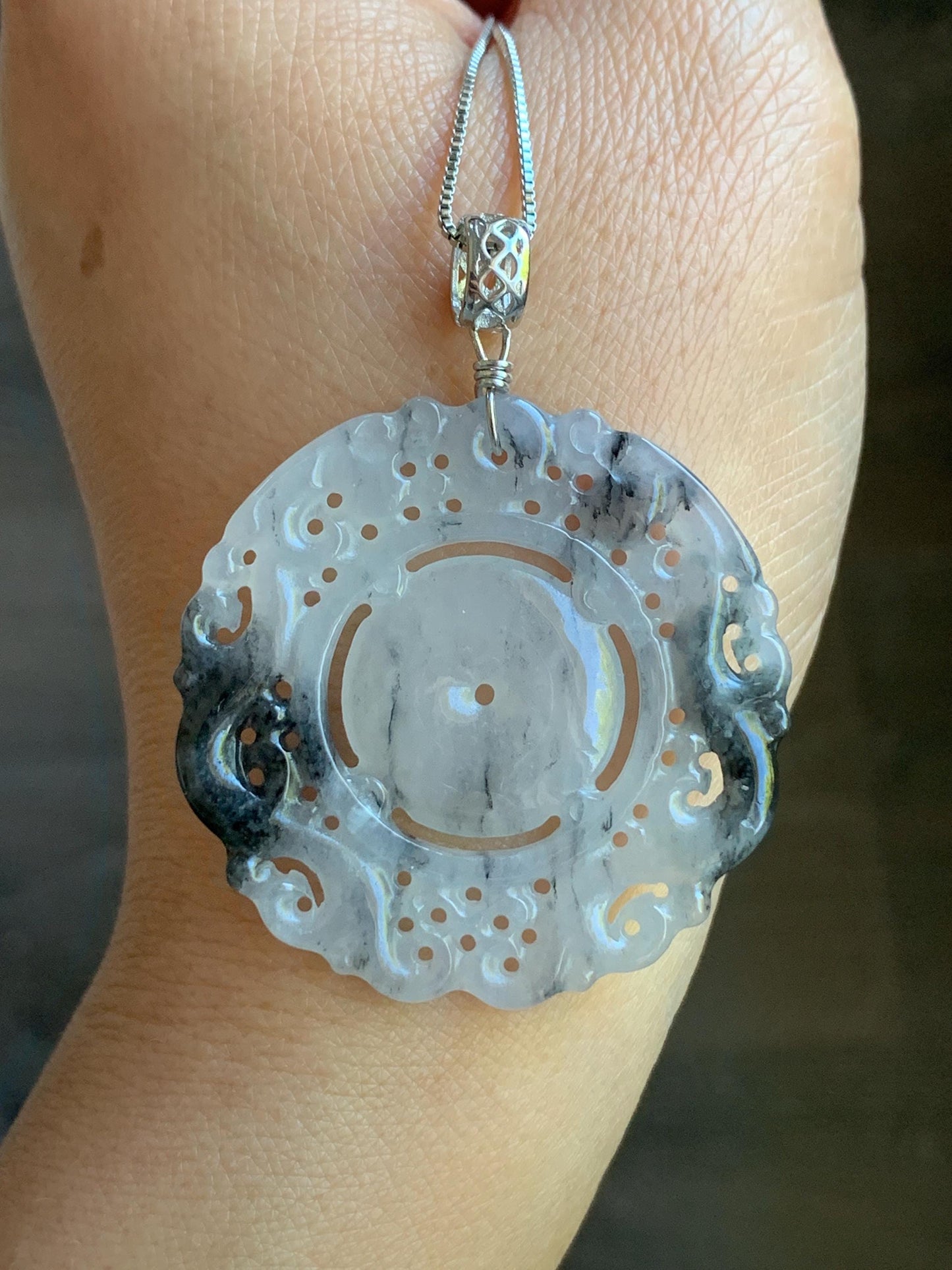 Natural Burmese Icy Translucent Gelatinous Wuji Jadeite Openwork Engraved Double Dragon Donut Pendant Sterling Silver 天然缅甸冰胶乌鸡翡翠双龙护主平安扣吊坠 B