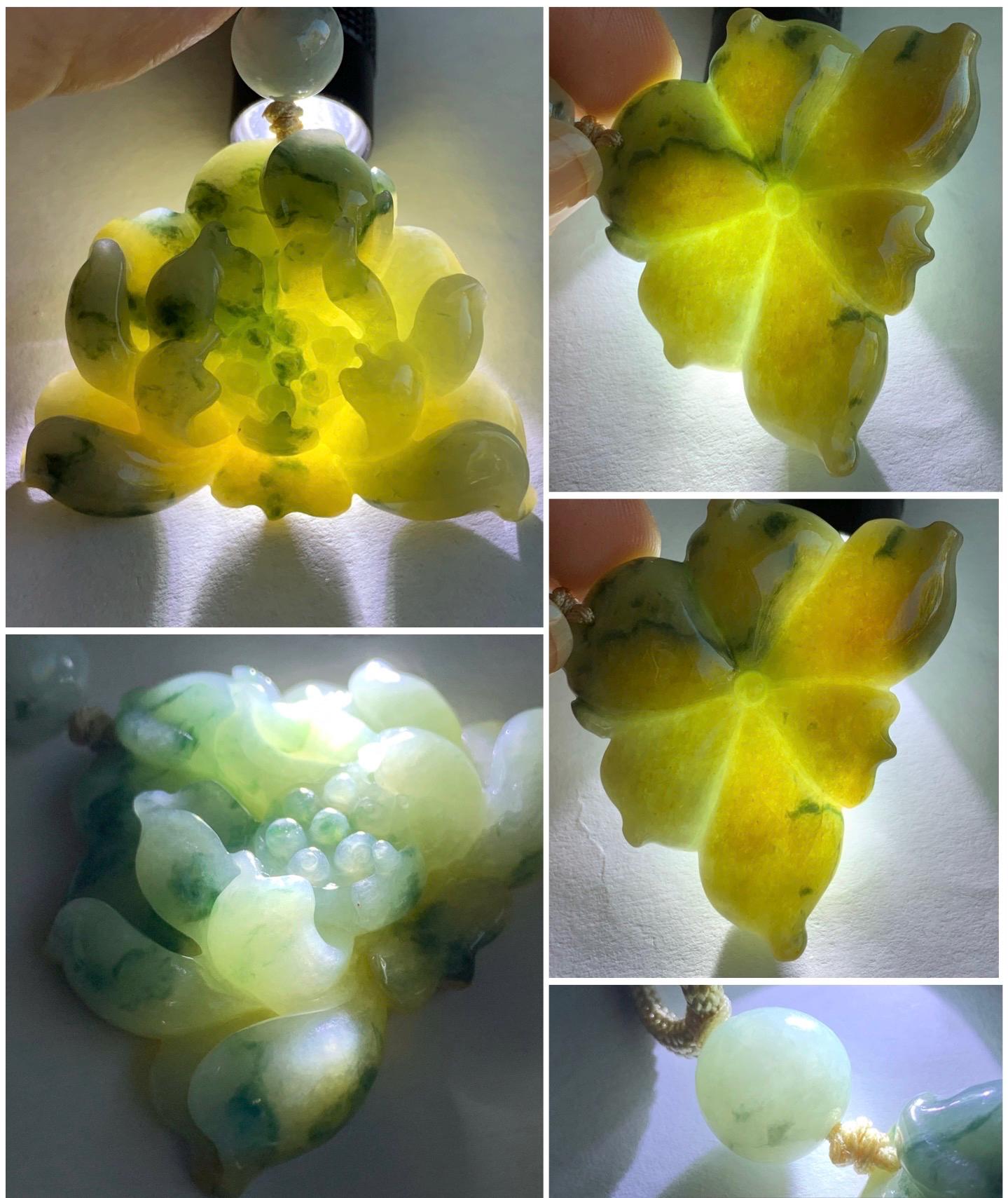 Natural Burmese Translucent Yellow & Green Marbling Tricolored Jadeite Carved Lotus Flower Rope Necklace Adjustable 29” 30g 天然缅甸糯种三彩翡翠莲花吊坠项链