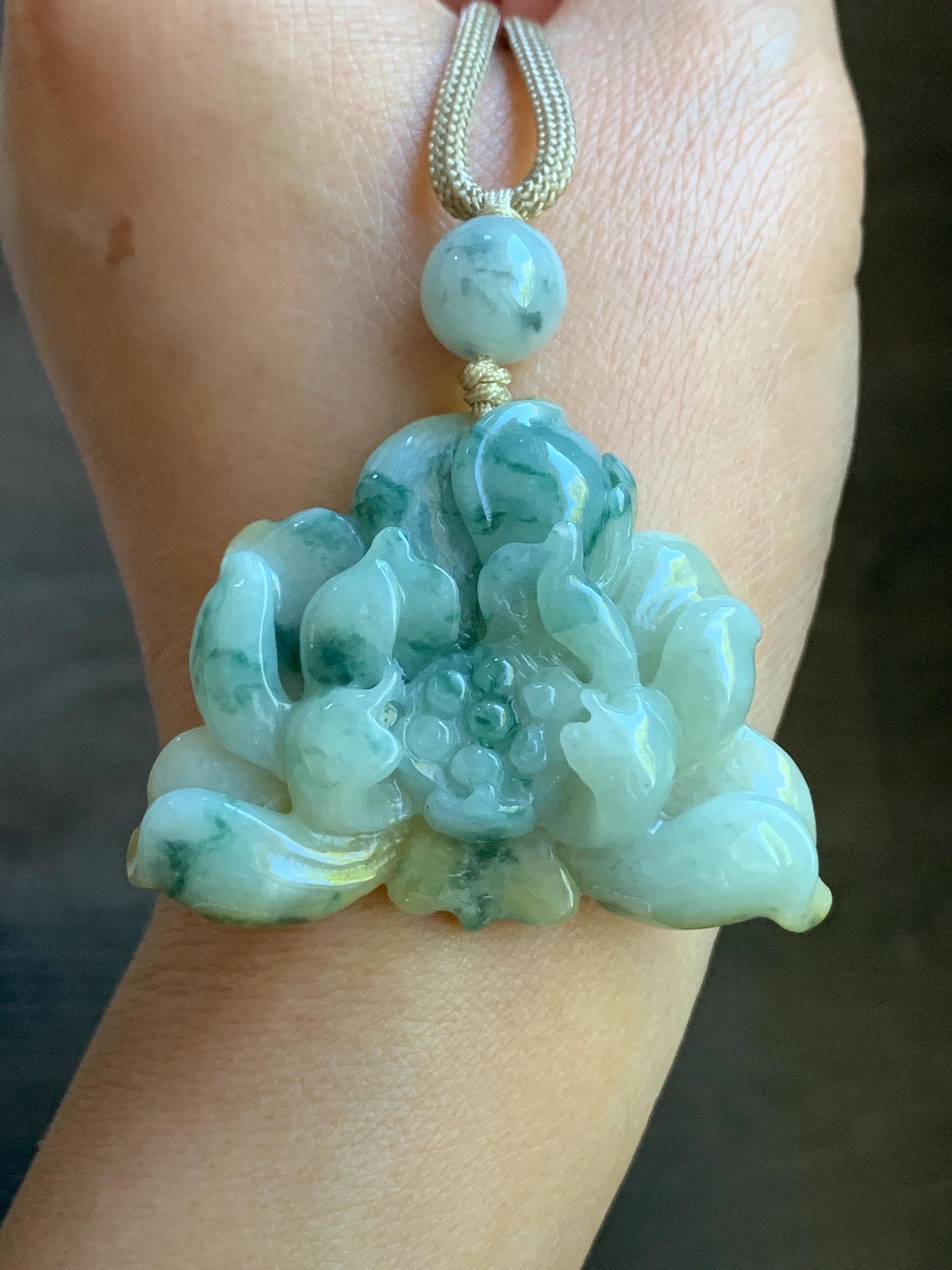 Natural Burmese Translucent Yellow & Green Marbling Tricolored Jadeite Carved Lotus Flower Rope Necklace Adjustable 29” 30g 天然缅甸糯种三彩翡翠莲花吊坠项链