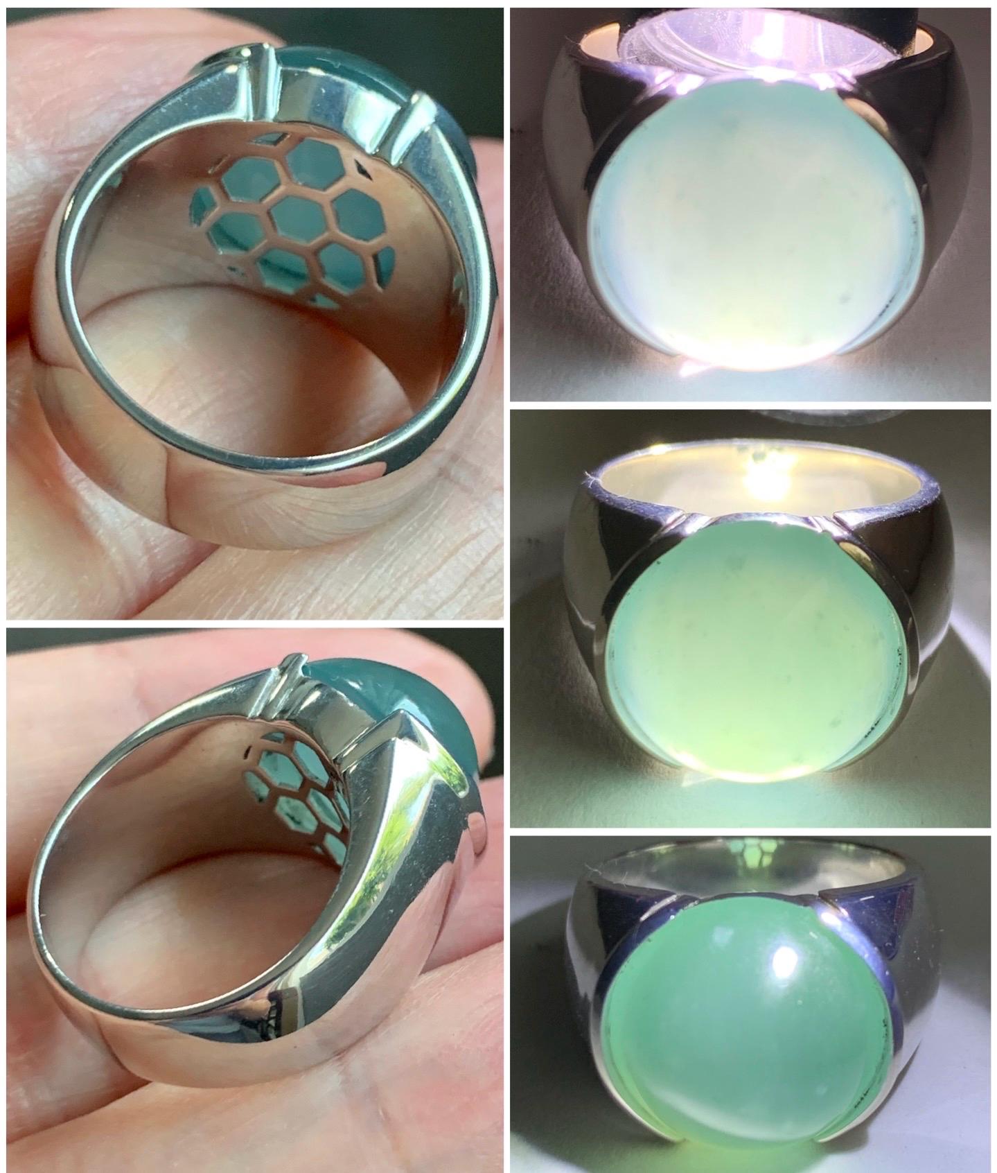 Certified Natural Guatemalan Icy Highly Translucent Teal Blue Jadeite Round Cabochon Solitaire Ring Sterling Silver size 7 天然冰危蓝水翡翠蛋面戒指 3617