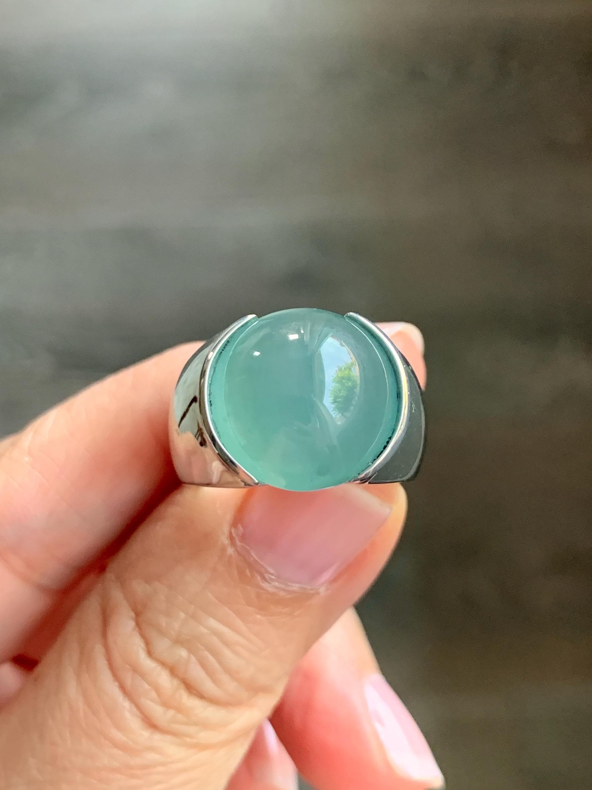 Certified Natural Guatemalan Icy Highly Translucent Teal Blue Jadeite Round Cabochon Solitaire Ring Sterling Silver size 7 天然冰危蓝水翡翠蛋面戒指 3617