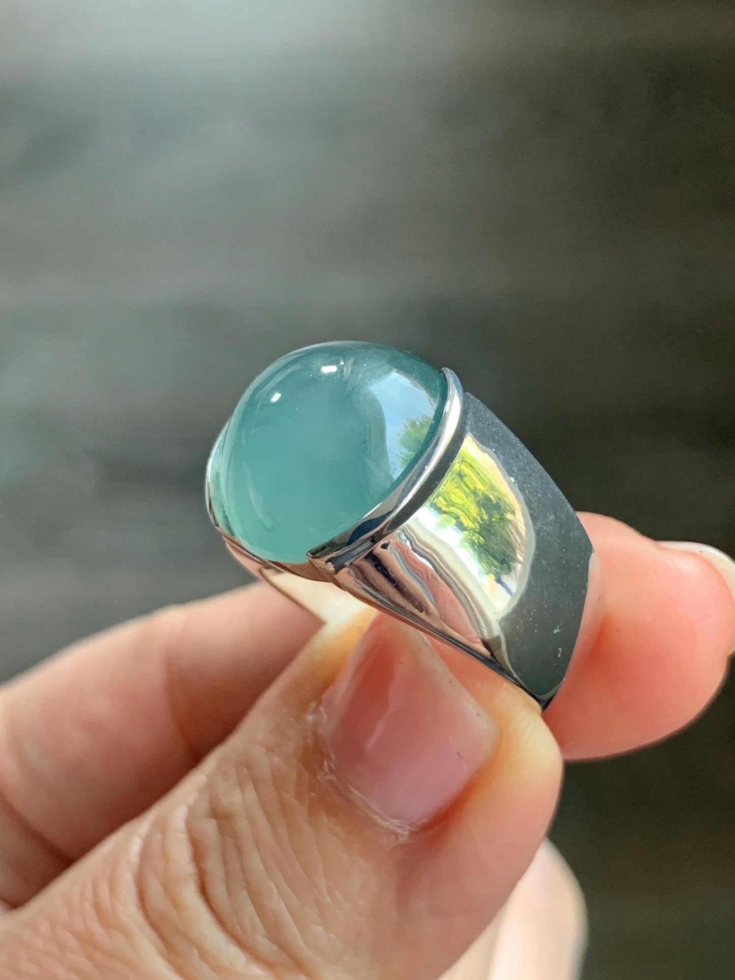 Certified Natural Guatemalan Icy Highly Translucent Teal Blue Jadeite Round Cabochon Solitaire Ring Sterling Silver size 7 天然冰危蓝水翡翠蛋面戒指 3617