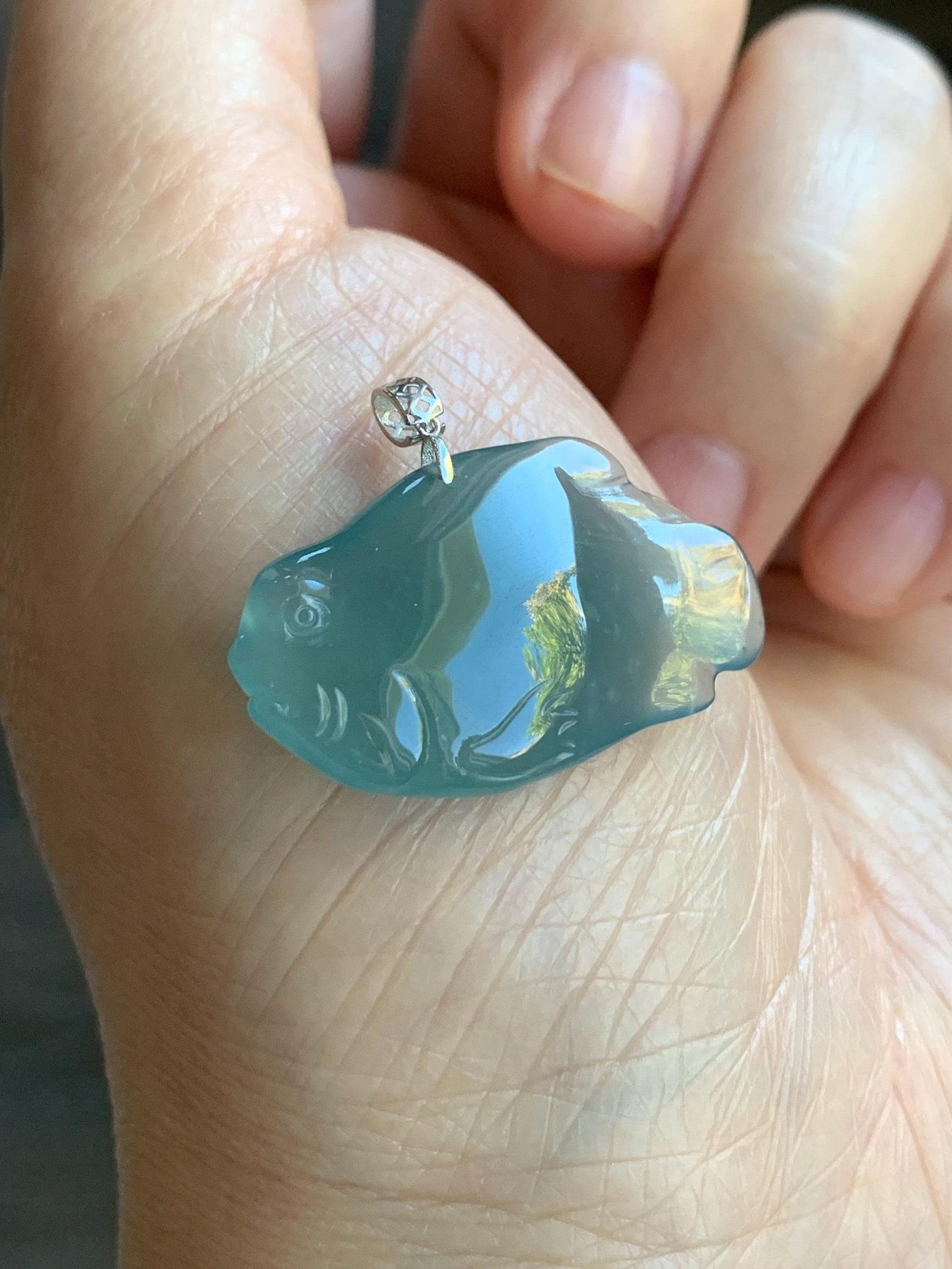 Natural Grade A Guatemalan Icy Translucent Gelatinous Old Mine Teal Blue Jadeite Fish Pendant 18K White Gold 5g 天然老种冰胶危蓝翡翠鱼镶嵌吊坠 B
